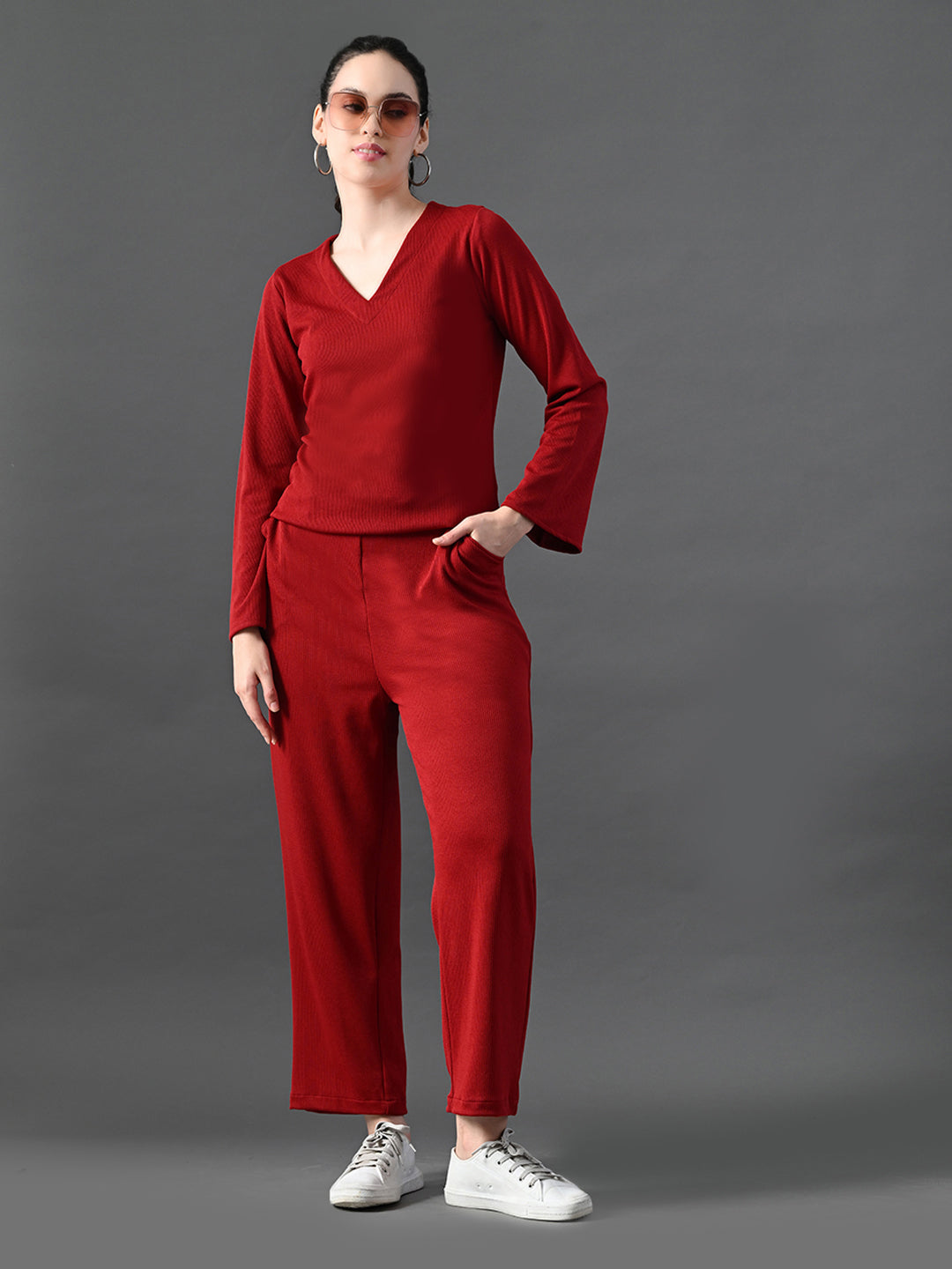 Myshka Women's Red Ribbed Cord Set - Swadesiicart