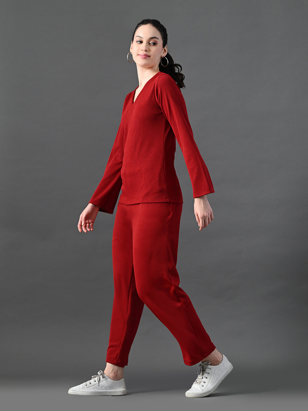 Myshka Women's Red Ribbed Cord Set - Swadesiicart