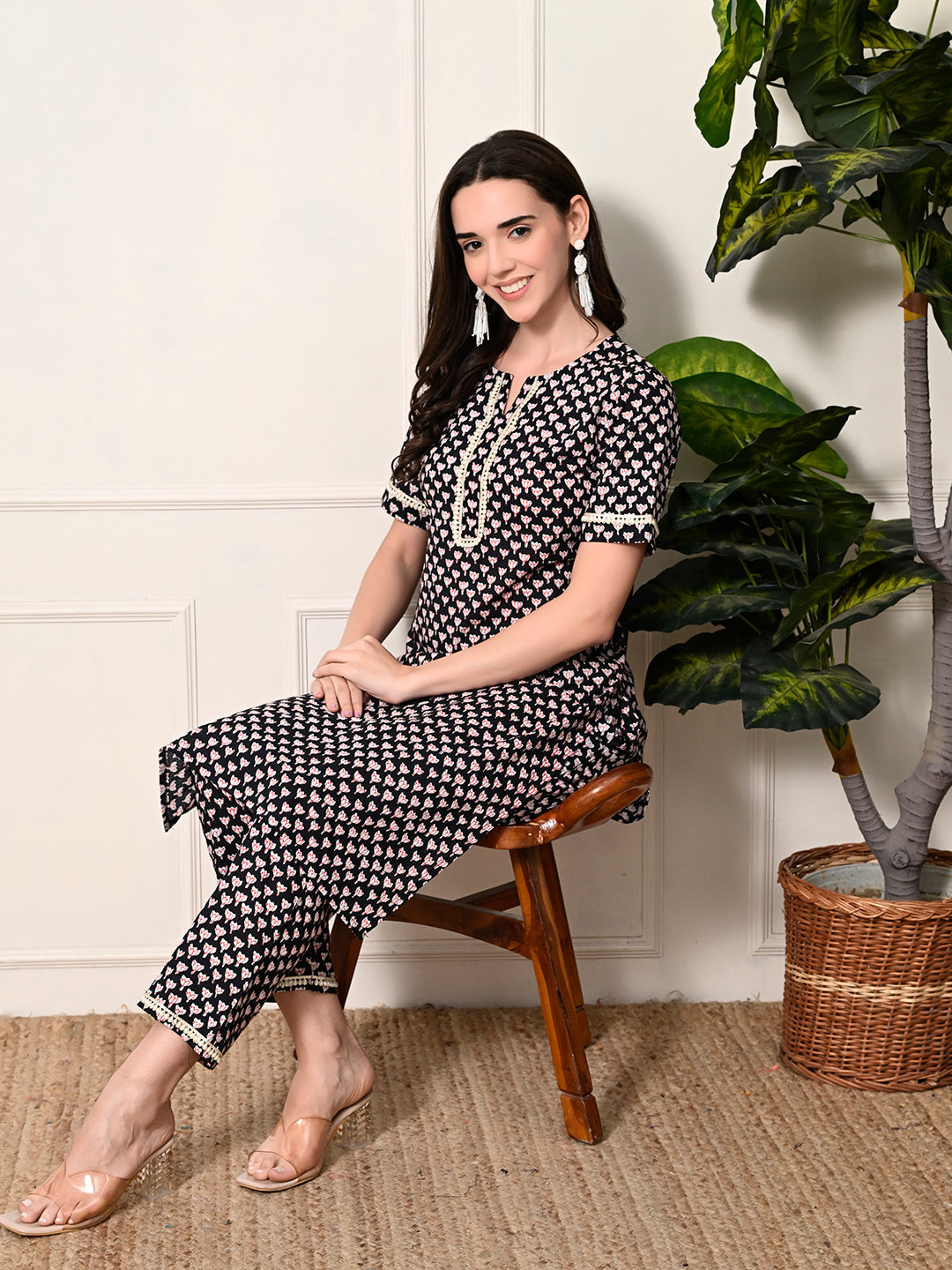 Myshka Women's Cotton Black Printed Kurta Set - Swadesiicart