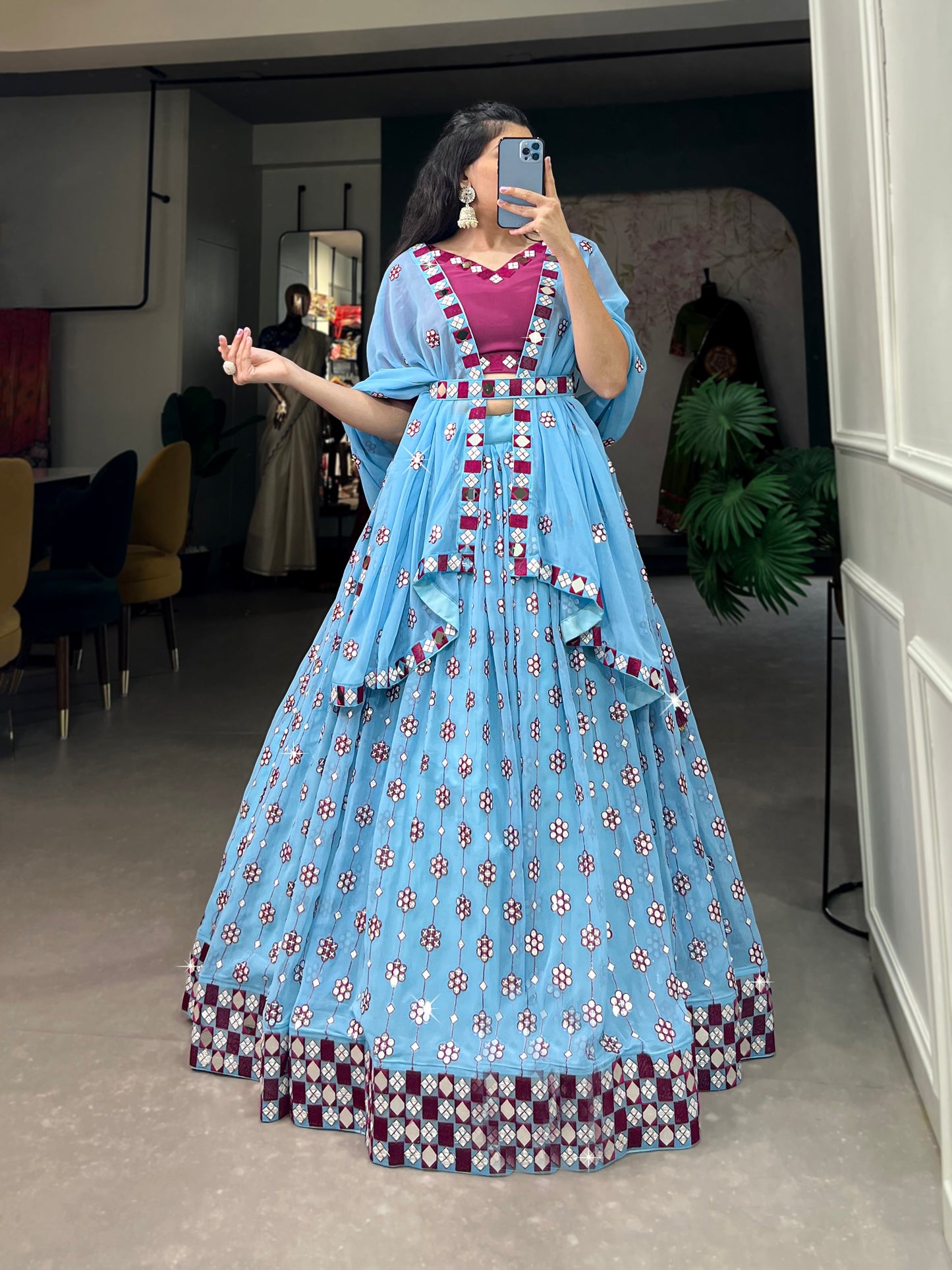 Lorenvalley Sky Blue Georgette Sequins and embroidery With Mirror Work Lehenga Choli with Dupatta | Swadesiicart