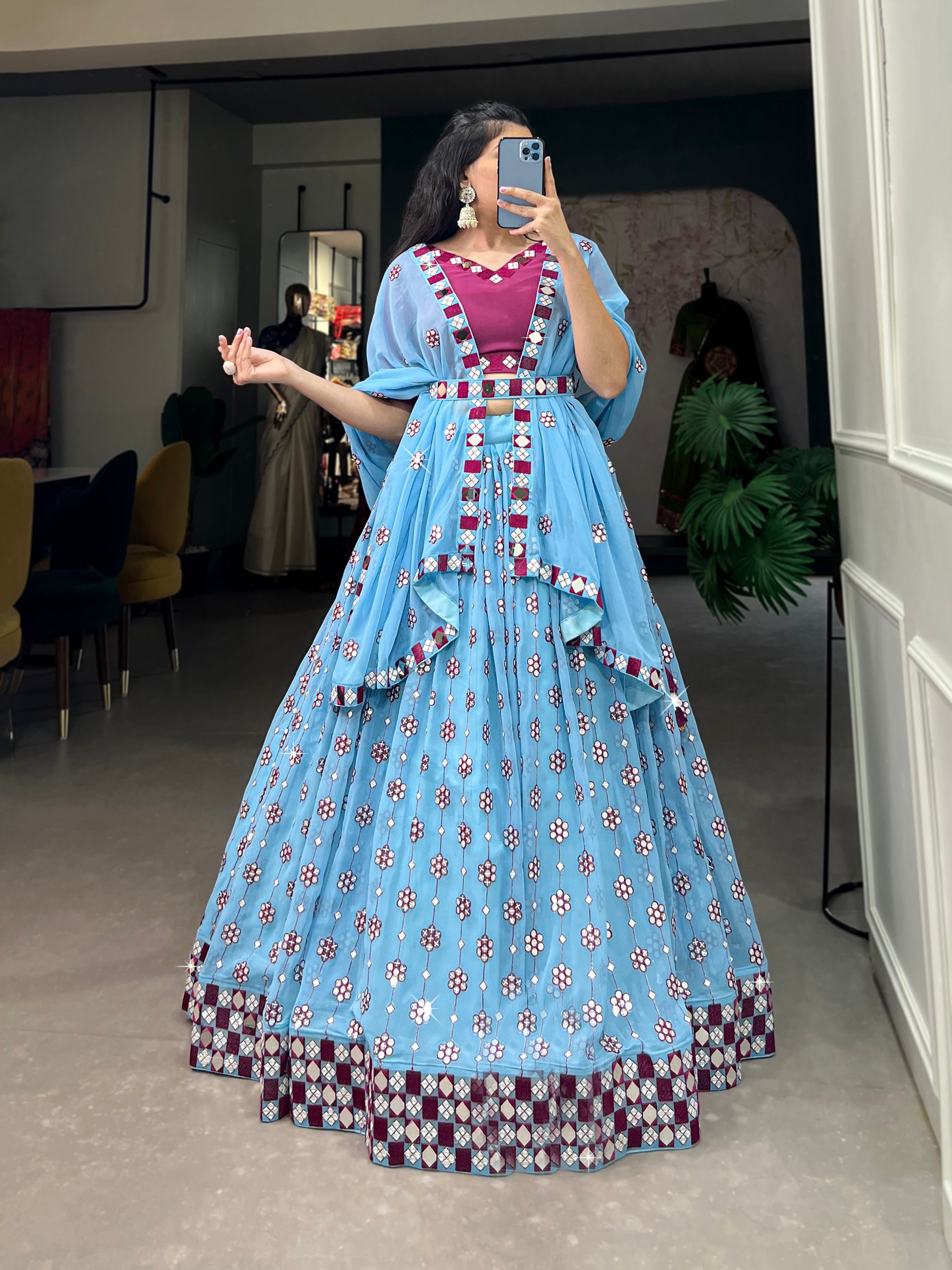 Lorenvalley Sky Blue Georgette Sequins and embroidery With Mirror Work Lehenga Choli with Dupatta | Swadesiicart