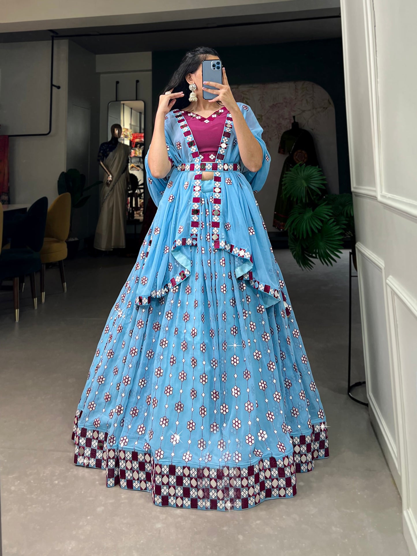 Lorenvalley Sky Blue Georgette Sequins and embroidery With Mirror Work Lehenga Choli with Dupatta | Swadesiicart