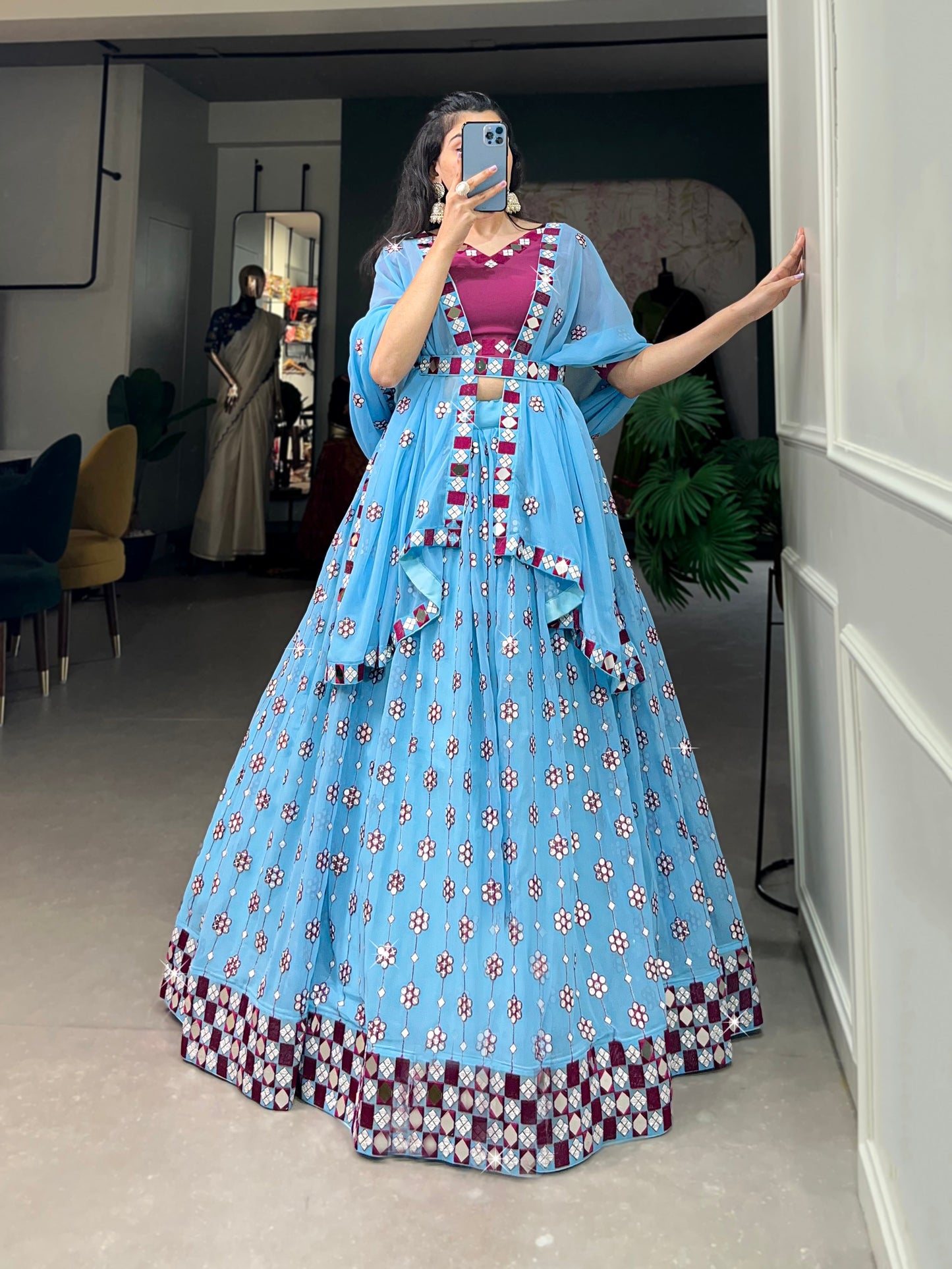 Lorenvalley Sky Blue Georgette Sequins and embroidery With Mirror Work Lehenga Choli with Dupatta | Swadesiicart