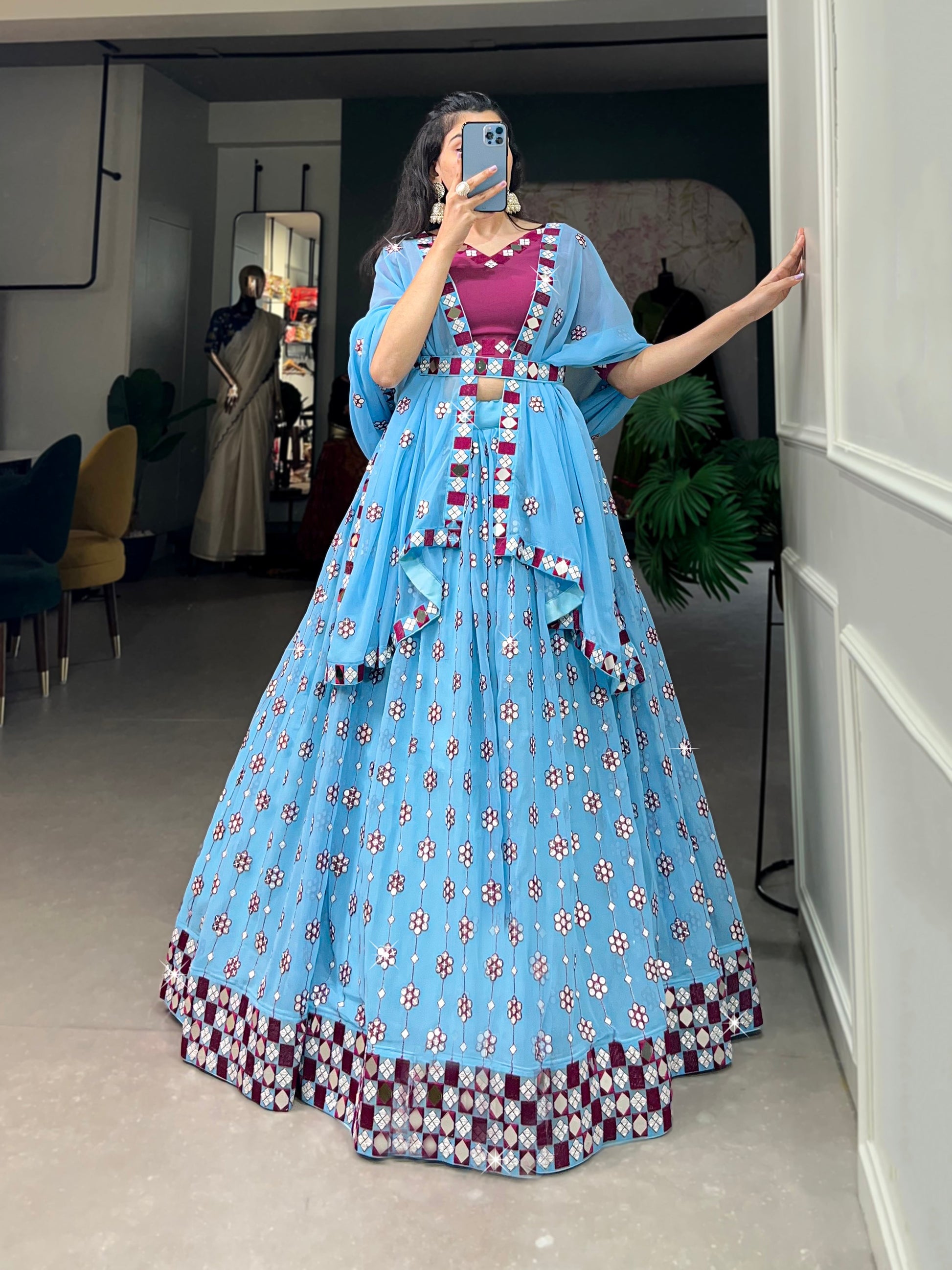 Lorenvalley Sky Blue Georgette Sequins and embroidery With Mirror Work Lehenga Choli with Dupatta | Swadesiicart