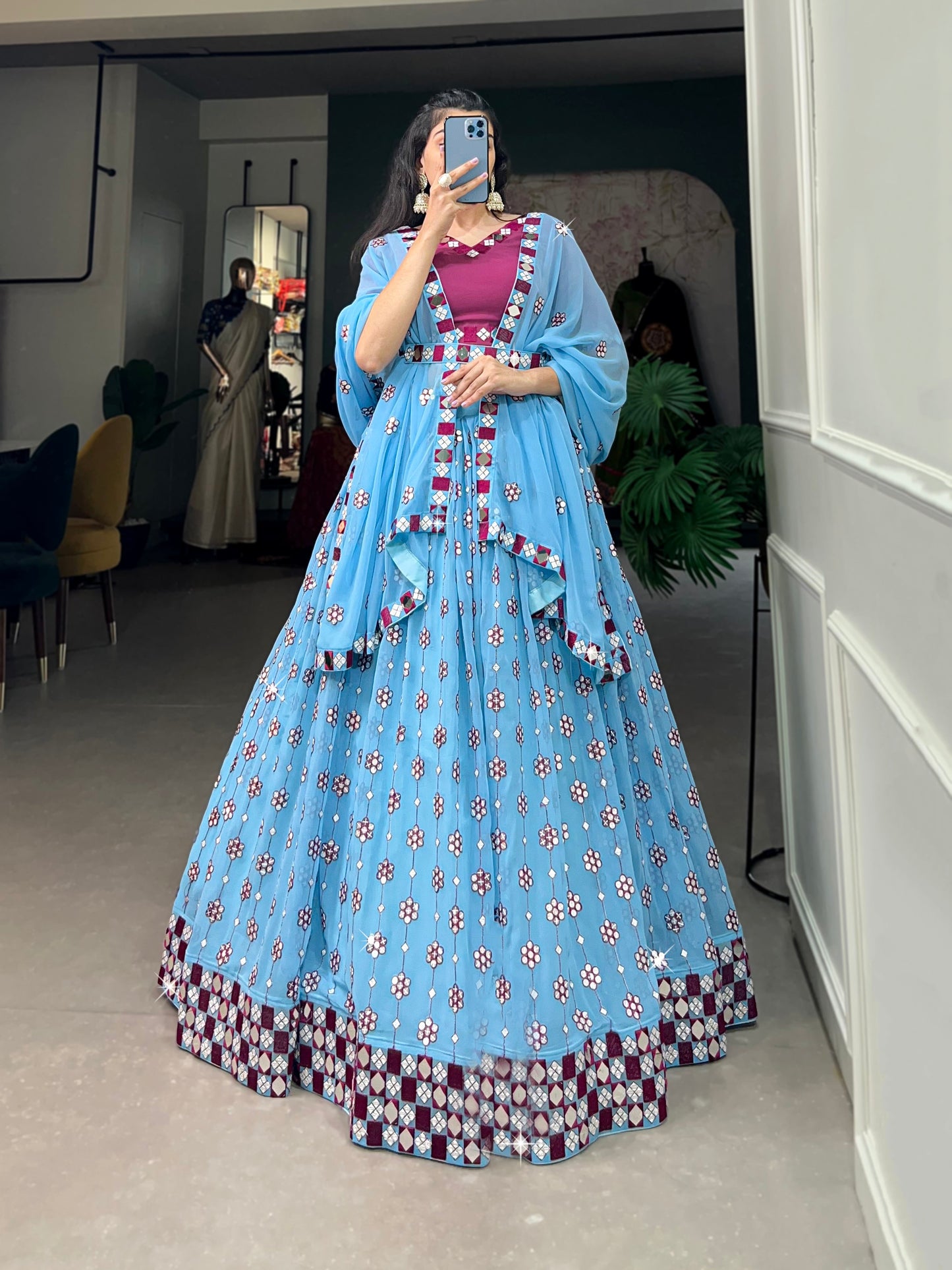 Lorenvalley Sky Blue Georgette Sequins and embroidery With Mirror Work Lehenga Choli with Dupatta | Swadesiicart