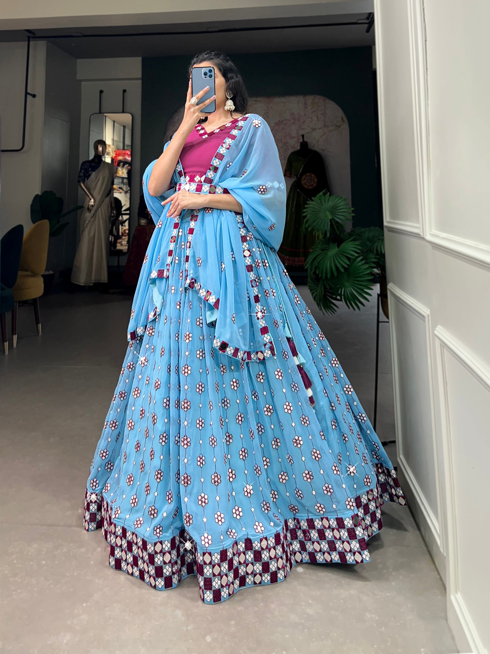 Lorenvalley Sky Blue Georgette Sequins and embroidery With Mirror Work Lehenga Choli with Dupatta | Swadesiicart