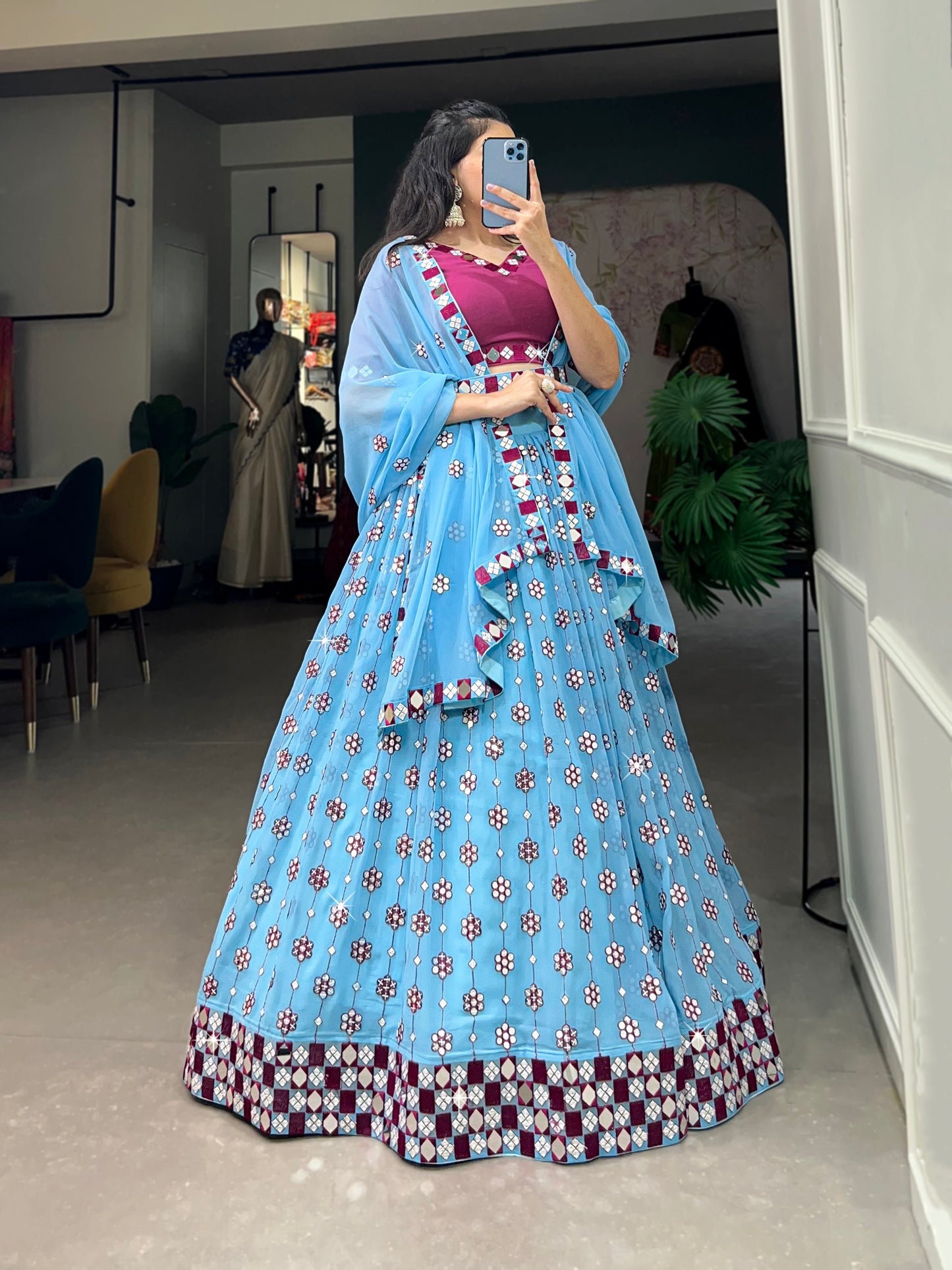 Lorenvalley Sky Blue Georgette Sequins and embroidery With Mirror Work Lehenga Choli with Dupatta | Swadesiicart