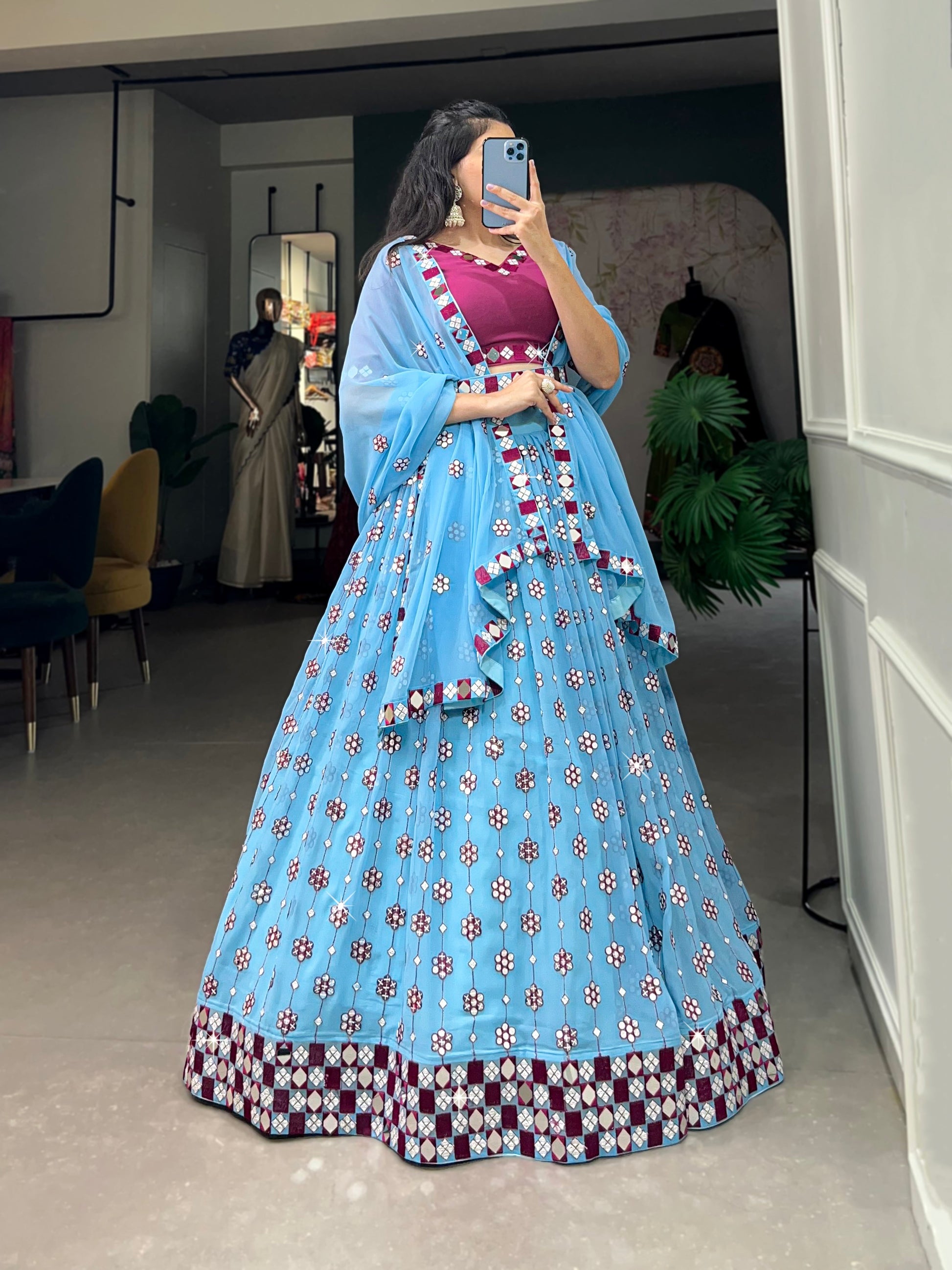 Lorenvalley Sky Blue Georgette Sequins and embroidery With Mirror Work Lehenga Choli with Dupatta | Swadesiicart