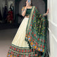Lorenvalley Fashion Offwhite Tasar Silk Patola Print With Foil Work And Real Mirror Gamthi Work With Lace Touch Up Lehenga Choli with Dupatta | Swadesiicart