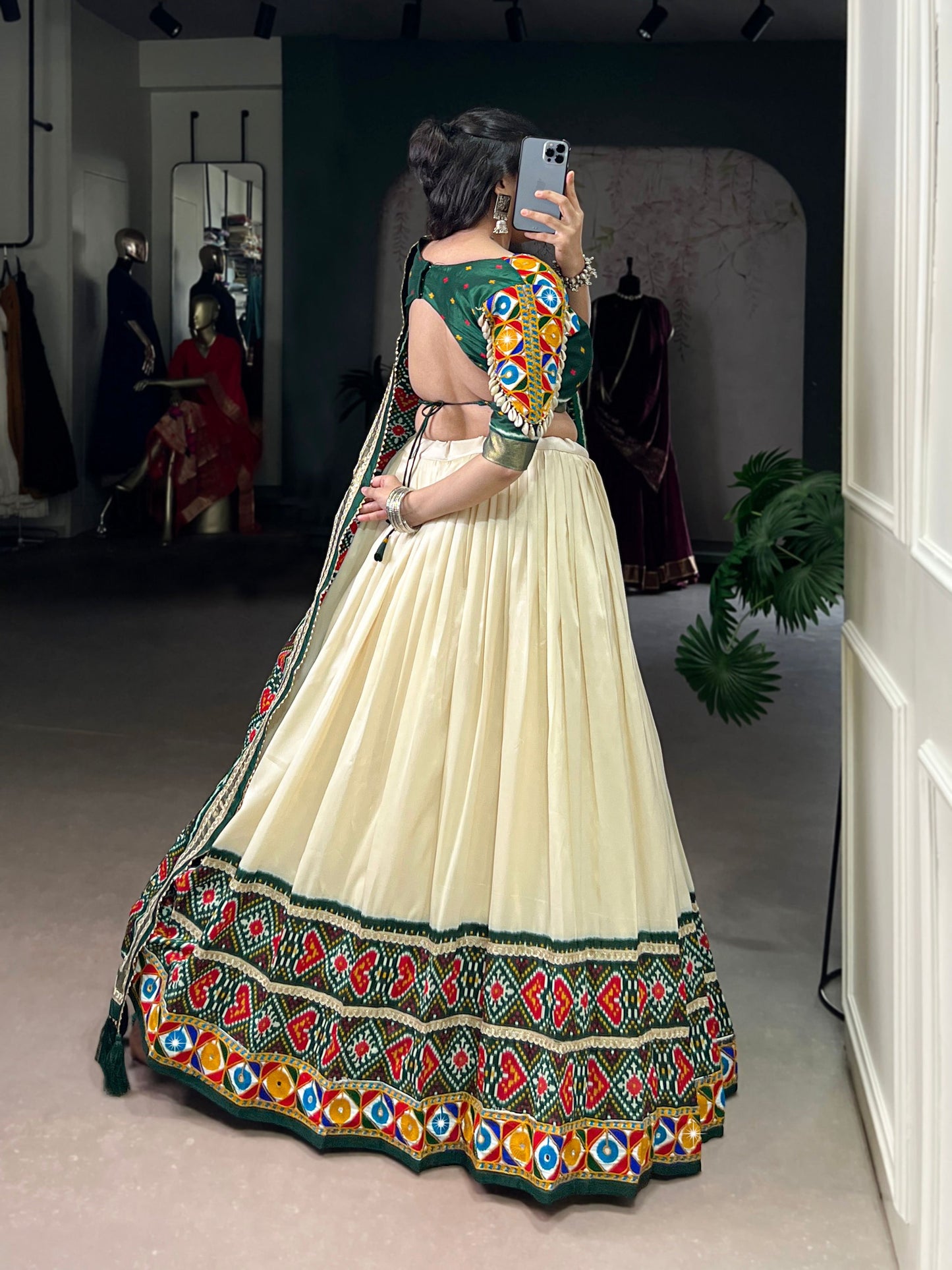 Lorenvalley Fashion Offwhite Tasar Silk Patola Print With Foil Work And Real Mirror Gamthi Work With Lace Touch Up Lehenga Choli with Dupatta | Swadesiicart