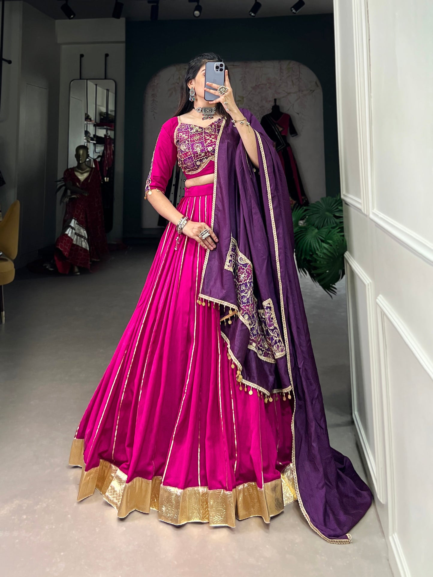 Lorenvalley Pink Chanderi Plain With Zari Line Gota Patti And Embossed Design Lace Touch Up Lehenga Choli with Dupatta | Swadesiicart