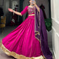 Lorenvalley Pink Chanderi Plain With Zari Line Gota Patti And Embossed Design Lace Touch Up Lehenga Choli with Dupatta | Swadesiicart