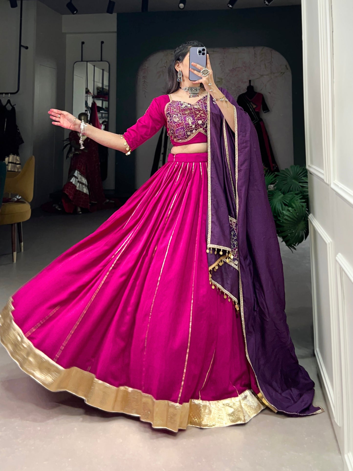 Lorenvalley Pink Chanderi Plain With Zari Line Gota Patti And Embossed Design Lace Touch Up Lehenga Choli with Dupatta | Swadesiicart