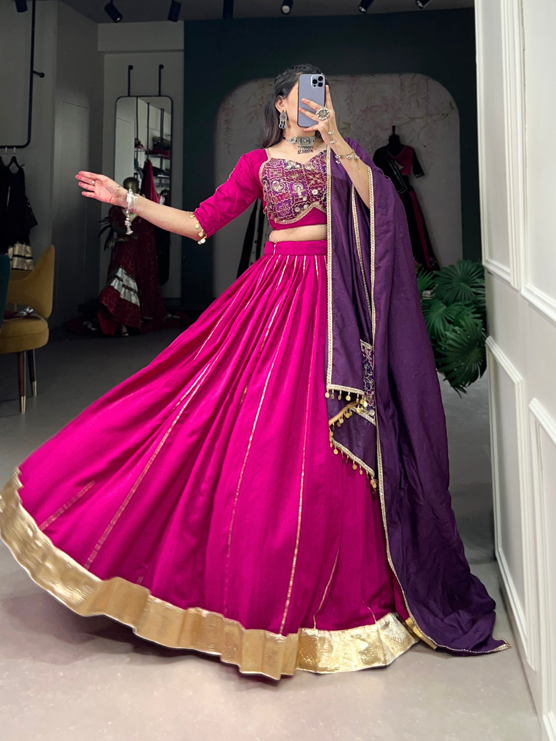 Lorenvalley Pink Chanderi Plain With Zari Line Gota Patti And Embossed Design Lace Touch Up Lehenga Choli with Dupatta | Swadesiicart
