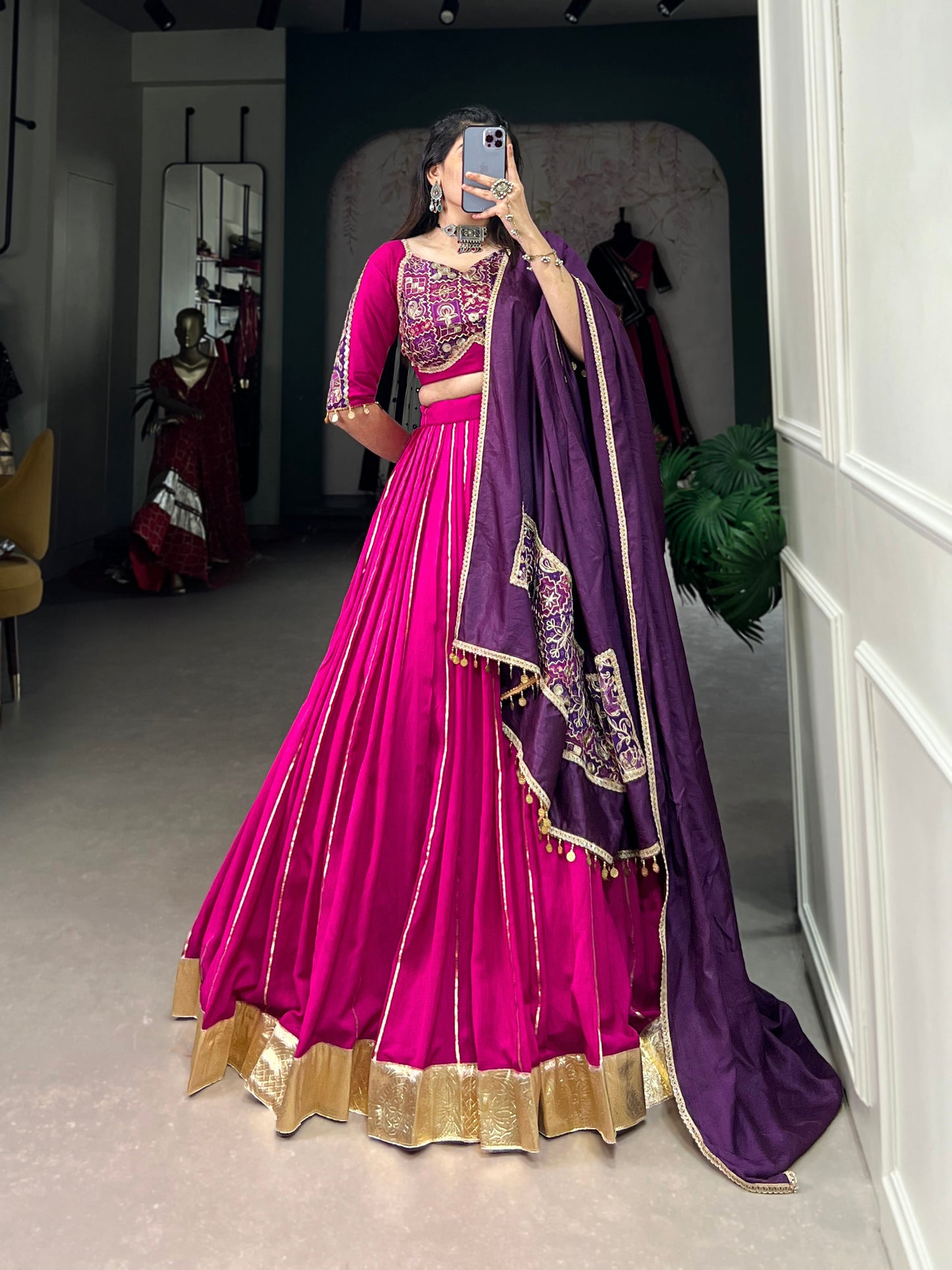 Lorenvalley Pink Chanderi Plain With Zari Line Gota Patti And Embossed Design Lace Touch Up Lehenga Choli with Dupatta | Swadesiicart