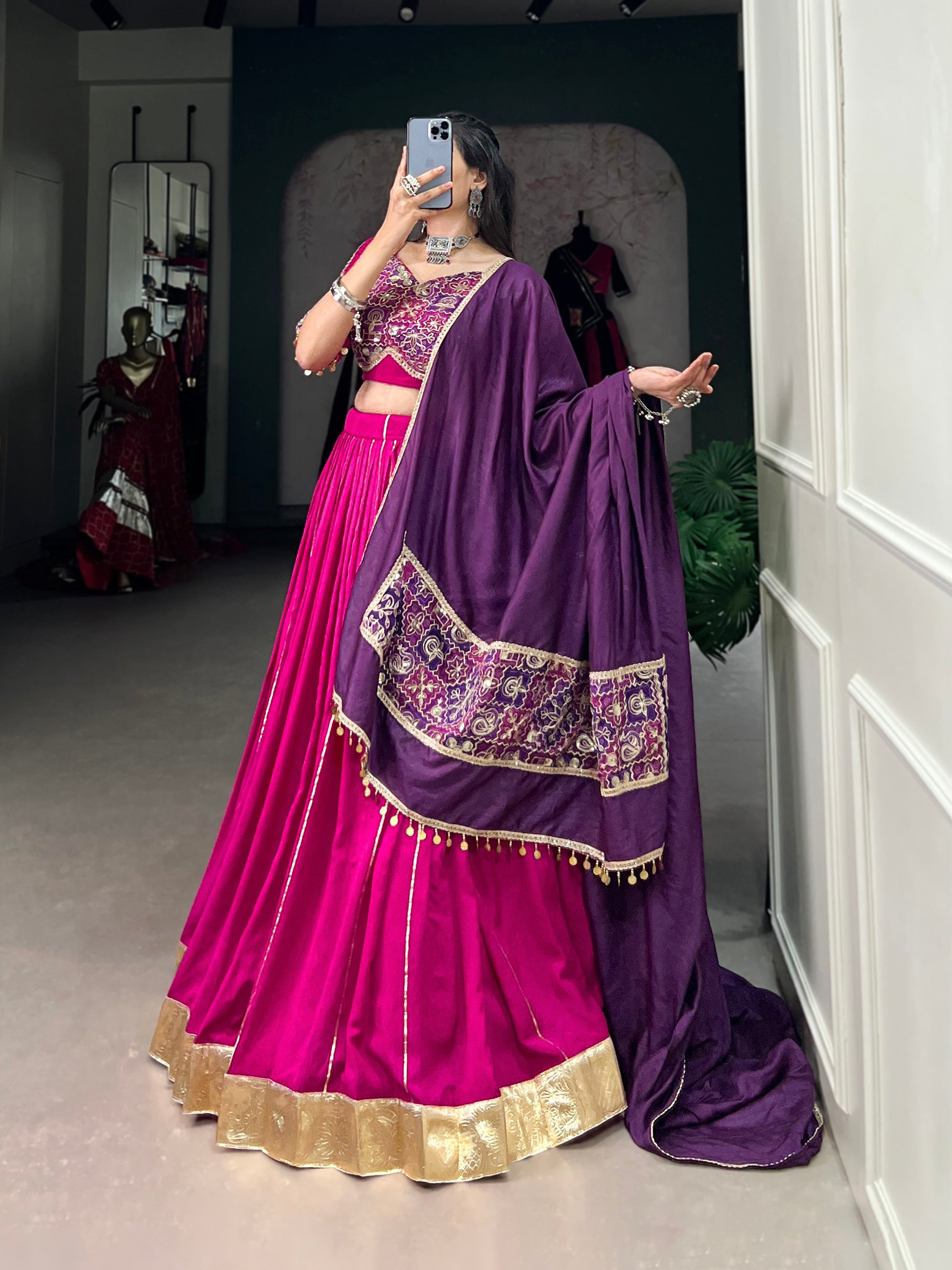 Lorenvalley Pink Chanderi Plain With Zari Line Gota Patti And Embossed Design Lace Touch Up Lehenga Choli with Dupatta | Swadesiicart