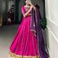 Lorenvalley Pink Chanderi Plain With Zari Line Gota Patti And Embossed Design Lace Touch Up Lehenga Choli with Dupatta | Swadesiicart