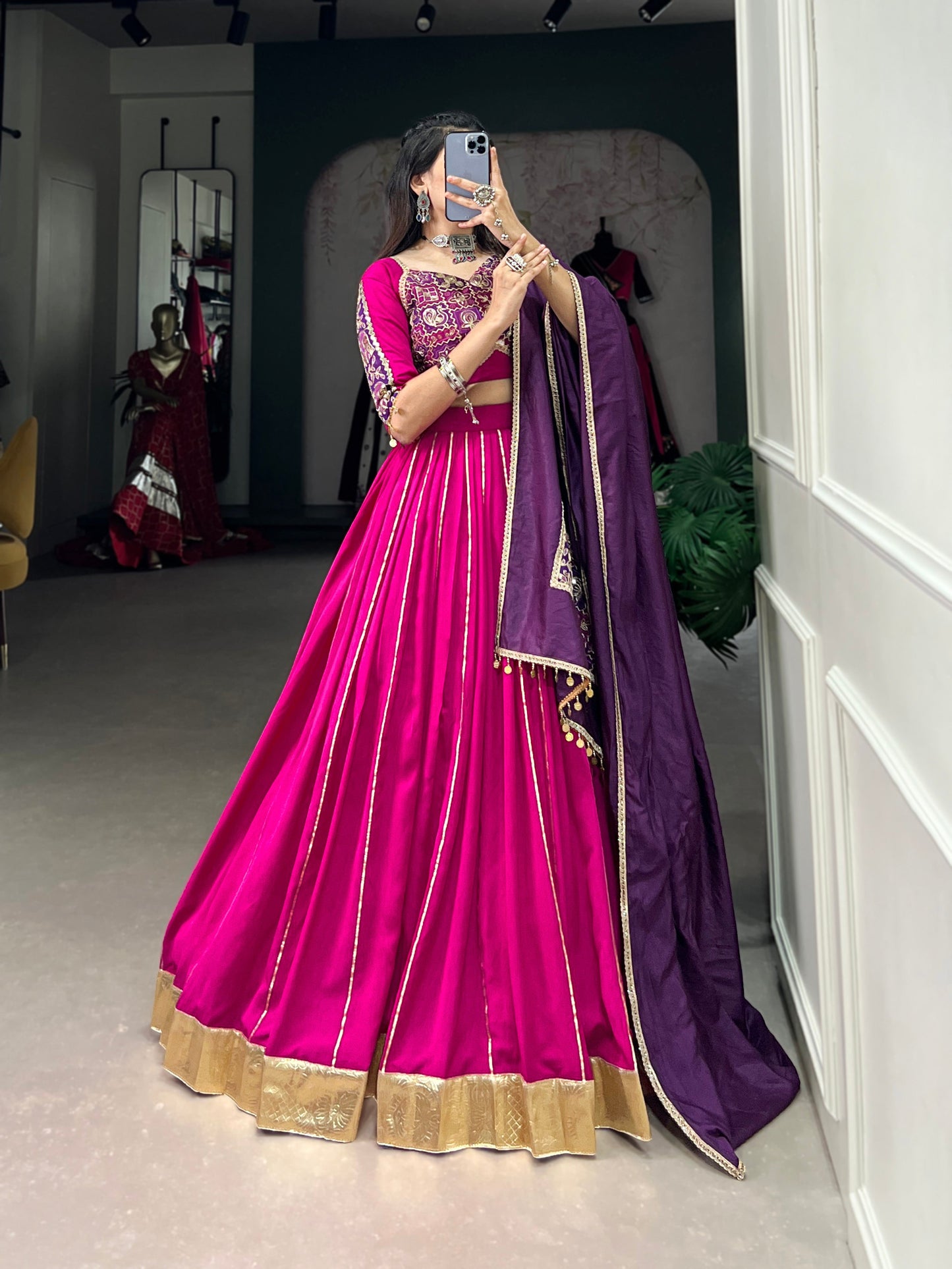Lorenvalley Pink Chanderi Plain With Zari Line Gota Patti And Embossed Design Lace Touch Up Lehenga Choli with Dupatta | Swadesiicart