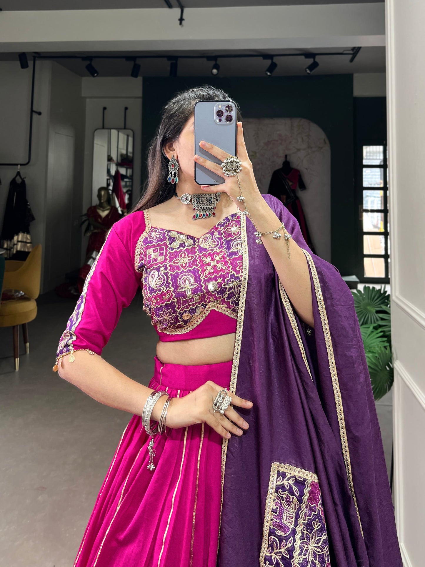 Lorenvalley Pink Chanderi Plain With Zari Line Gota Patti And Embossed Design Lace Touch Up Lehenga Choli with Dupatta | Swadesiicart