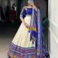 Lorenvalley Fashion Offwhite Tasar Silk Patola Print With Foil Work And Real Mirror Gamthi Work With Lace Touch Up Lehenga Choli with Dupatta | Swadesiicart