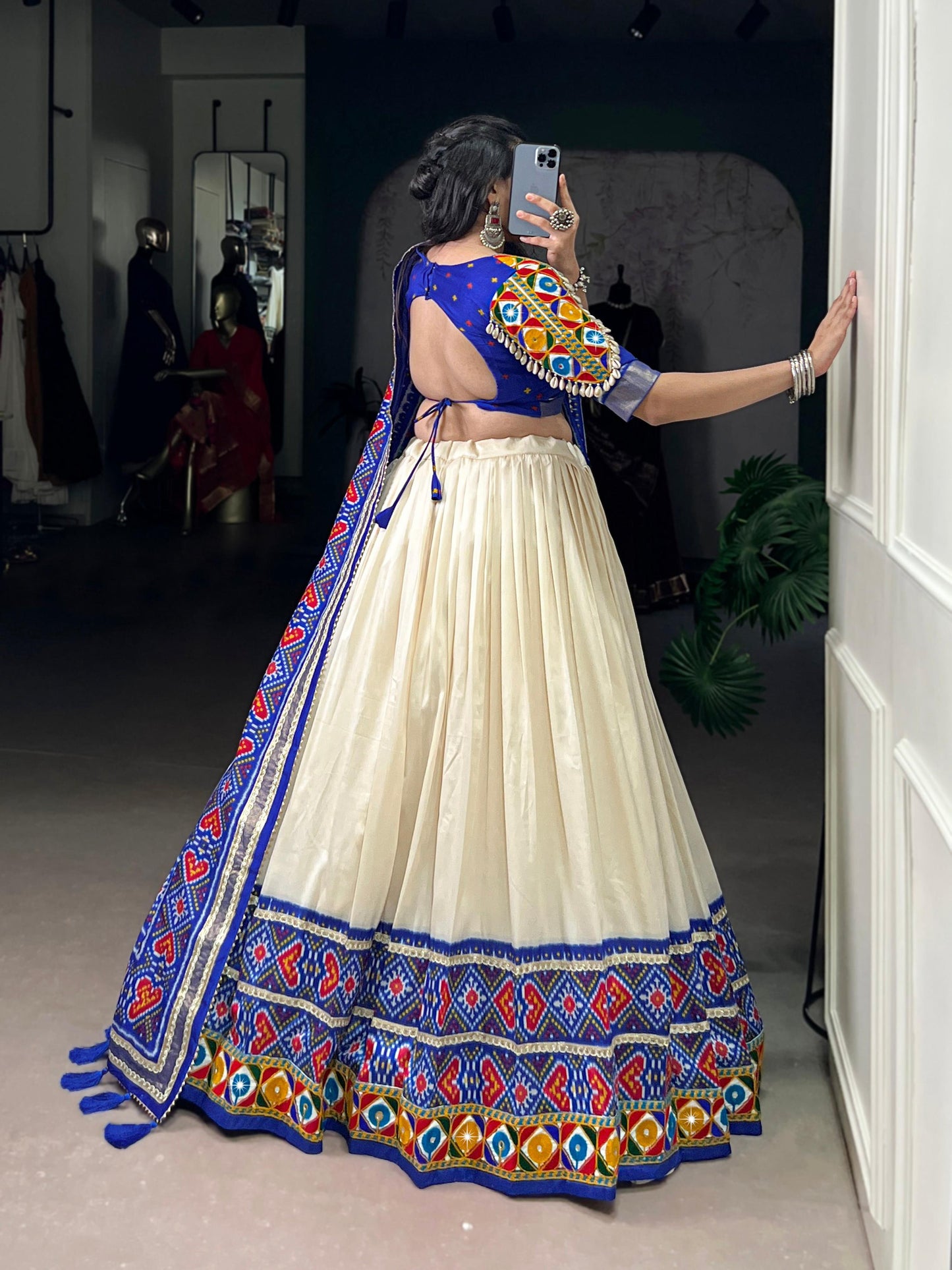 Lorenvalley Fashion Offwhite Tasar Silk Patola Print With Foil Work And Real Mirror Gamthi Work With Lace Touch Up Lehenga Choli with Dupatta | Swadesiicart
