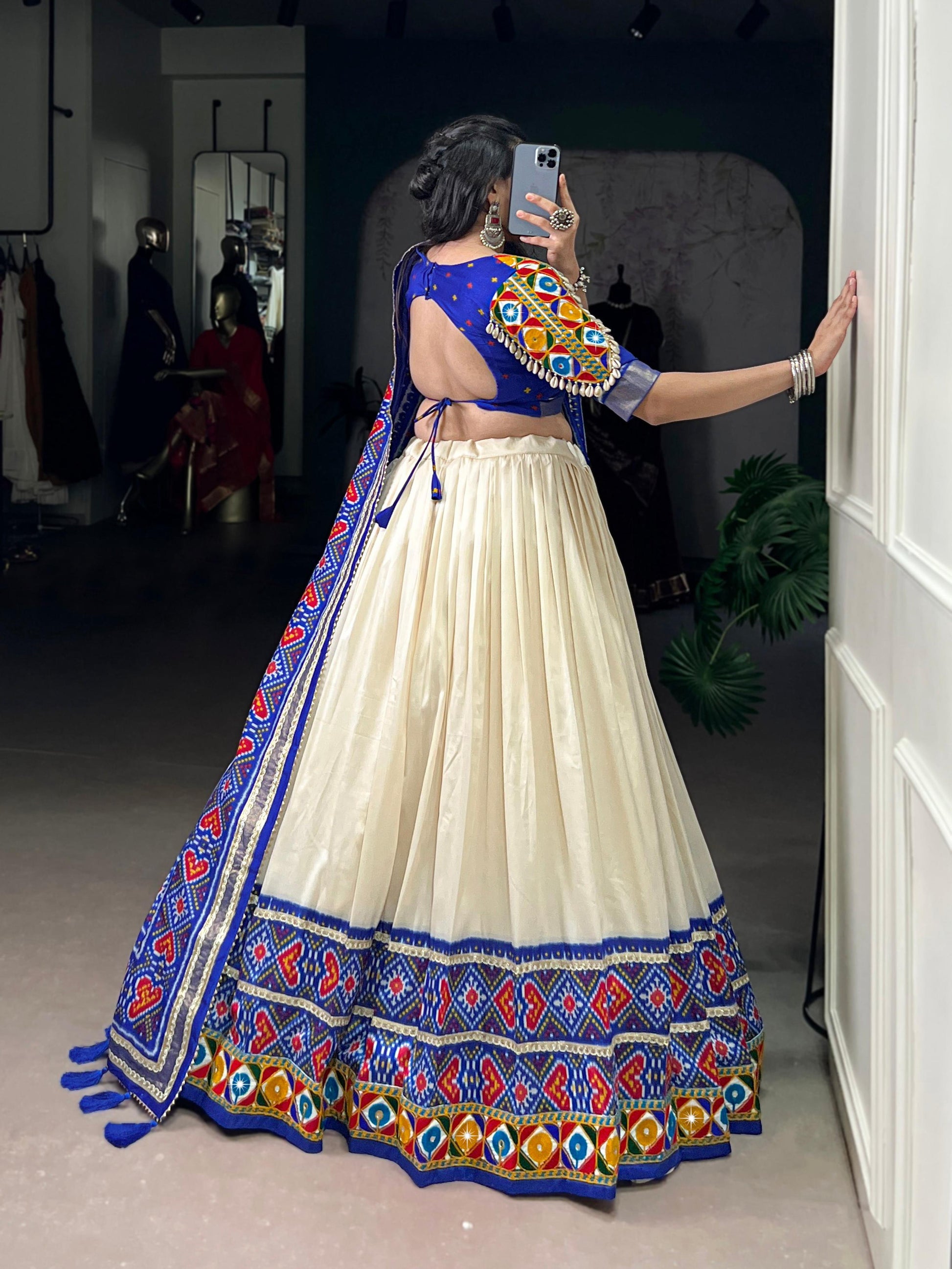 Lorenvalley Fashion Offwhite Tasar Silk Patola Print With Foil Work And Real Mirror Gamthi Work With Lace Touch Up Lehenga Choli with Dupatta | Swadesiicart