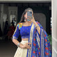 Lorenvalley Fashion Offwhite Tasar Silk Patola Print With Foil Work And Real Mirror Gamthi Work With Lace Touch Up Lehenga Choli with Dupatta | Swadesiicart