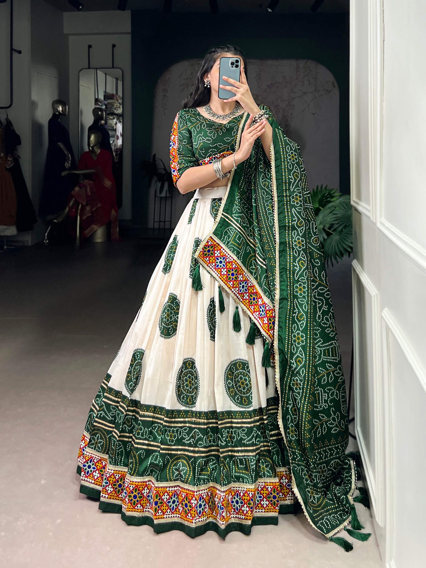 Lorenvalley Fashion Offwhite Tasar Silk Bandhej Print and Gamthi Work with Lace Touch Up Lehenga Choli with Dupatta | Swadesiicart