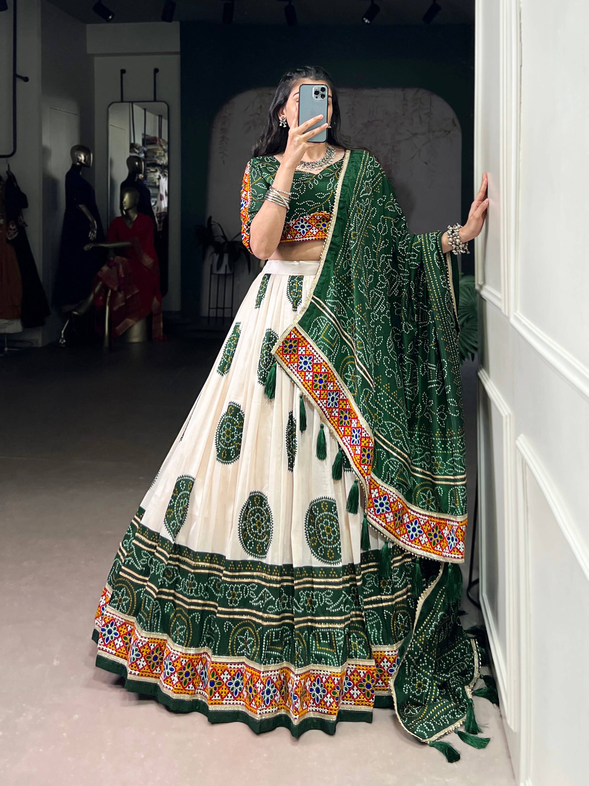 Lorenvalley Fashion Offwhite Tasar Silk Bandhej Print and Gamthi Work with Lace Touch Up Lehenga Choli with Dupatta | Swadesiicart