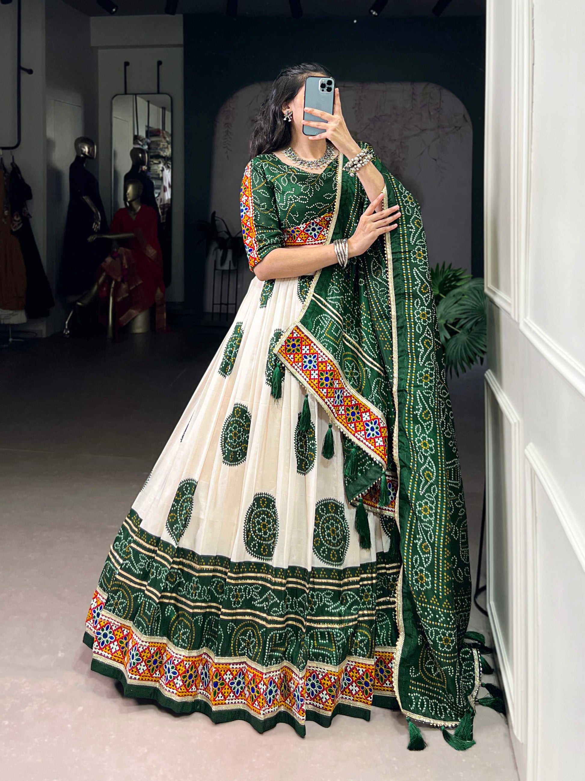 Lorenvalley Fashion Offwhite Tasar Silk Bandhej Print and Gamthi Work with Lace Touch Up Lehenga Choli with Dupatta | Swadesiicart