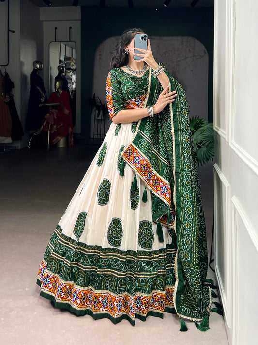 Lorenvalley Fashion Offwhite Tasar Silk Bandhej Print and Gamthi Work with Lace Touch Up Lehenga Choli with Dupatta | Swadesiicart