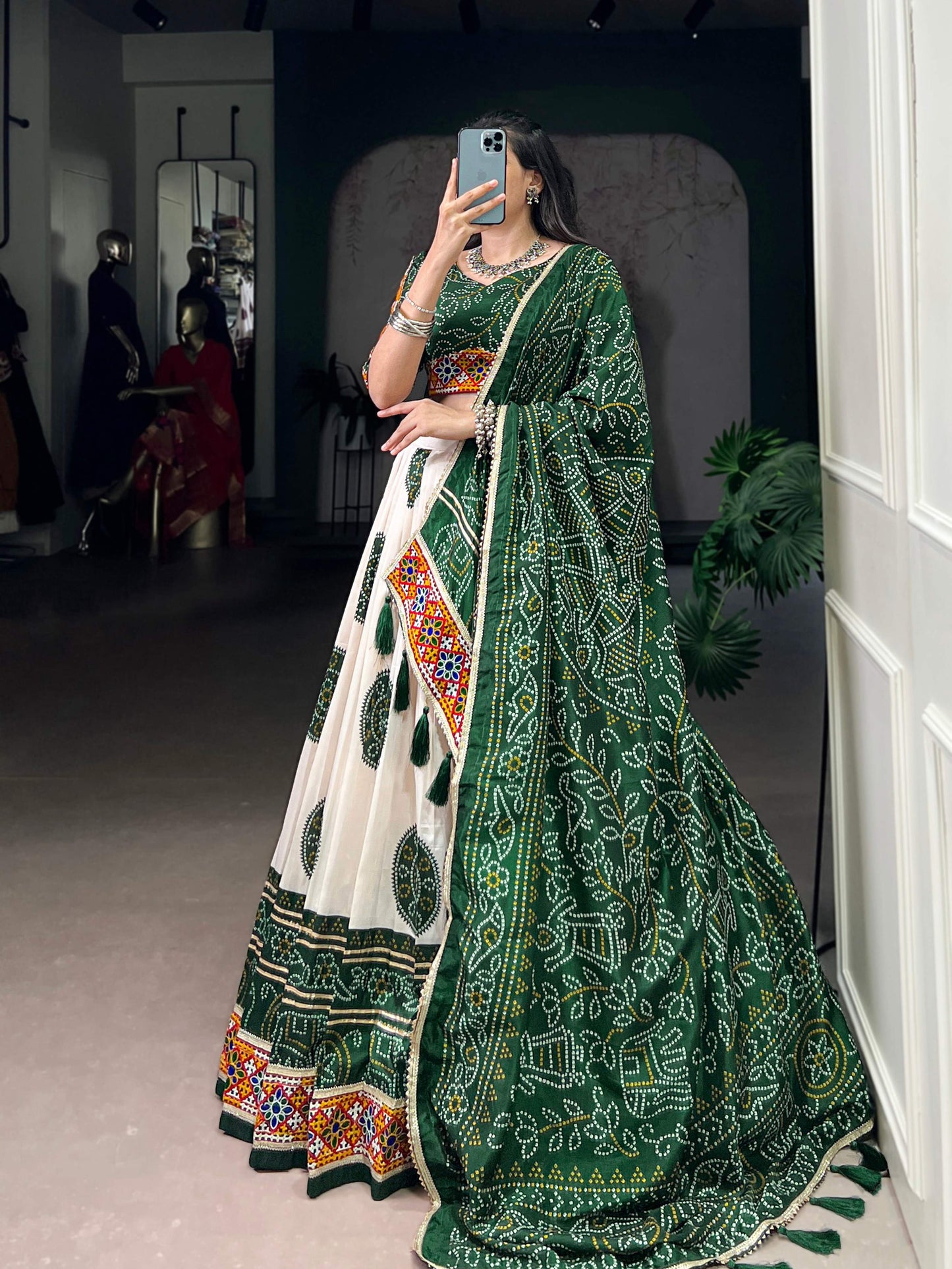 Lorenvalley Fashion Offwhite Tasar Silk Bandhej Print and Gamthi Work with Lace Touch Up Lehenga Choli with Dupatta | Swadesiicart