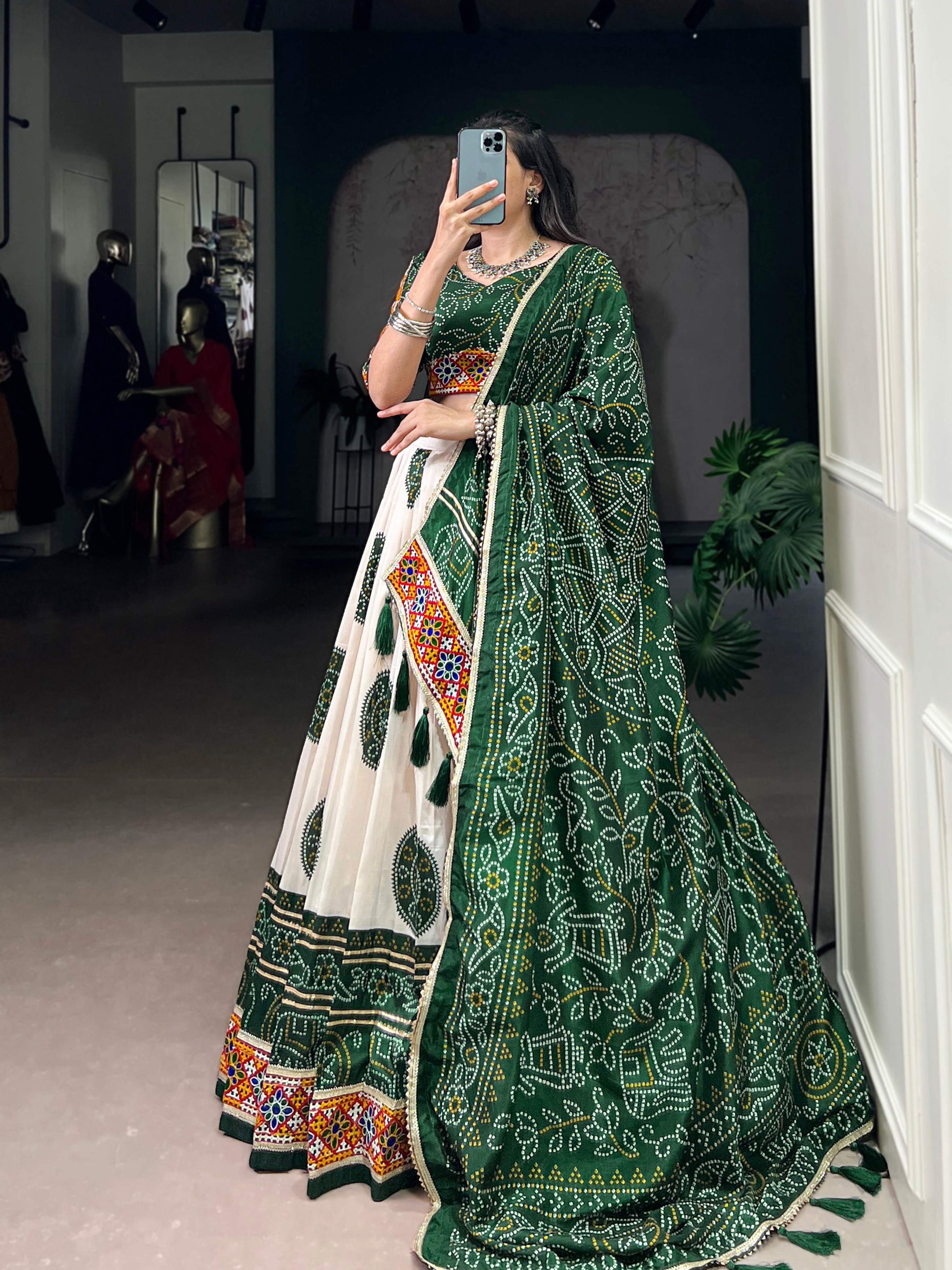 Lorenvalley Fashion Offwhite Tasar Silk Bandhej Print and Gamthi Work with Lace Touch Up Lehenga Choli with Dupatta | Swadesiicart