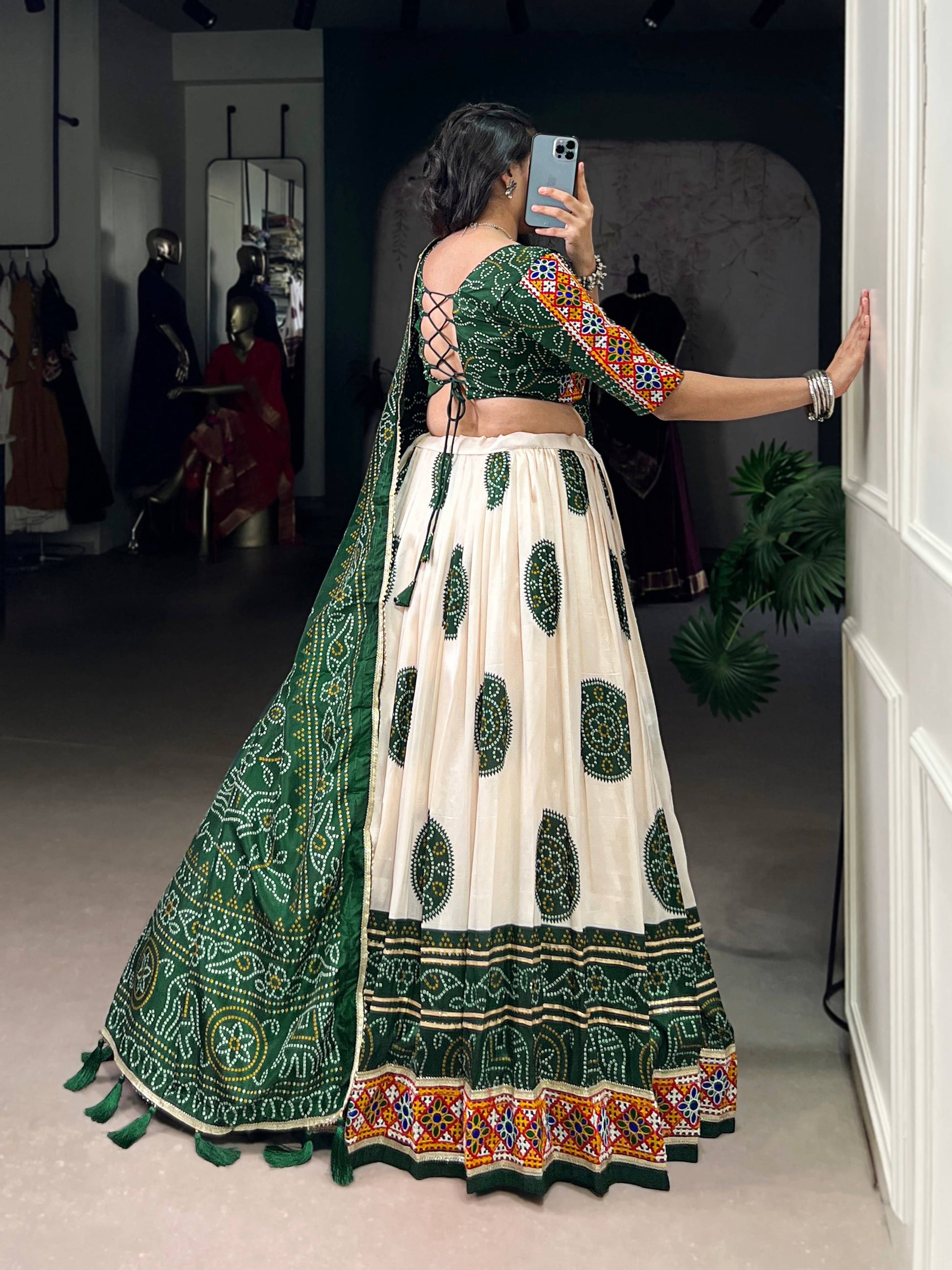Lorenvalley Fashion Offwhite Tasar Silk Bandhej Print and Gamthi Work with Lace Touch Up Lehenga Choli with Dupatta | Swadesiicart