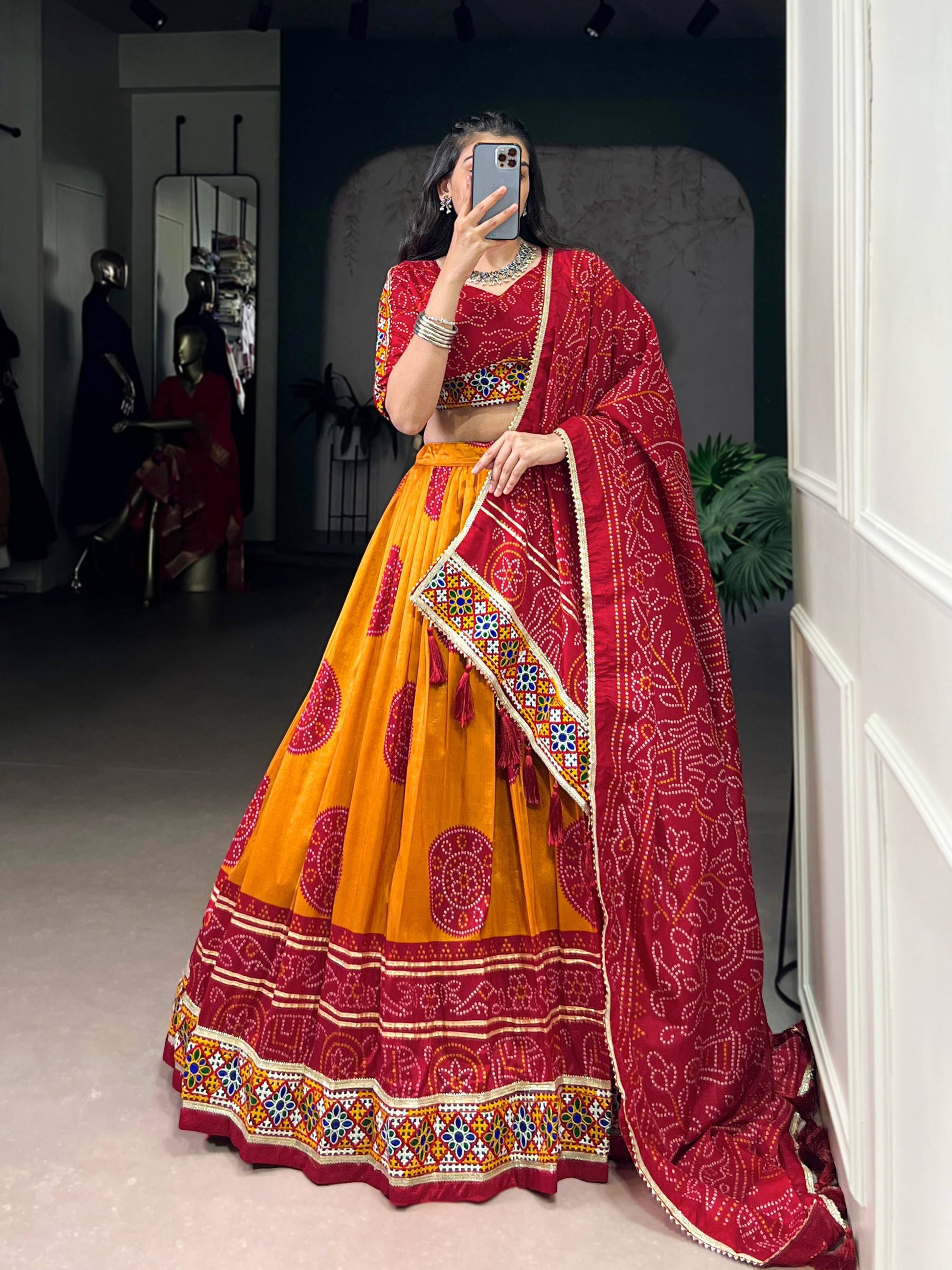 Lorenvalley Fashion Mustard Tasar Silk Bandhej Print and Gamthi Work with Lace Touch Up Lehenga Choli with Dupatta | Swadesiicart