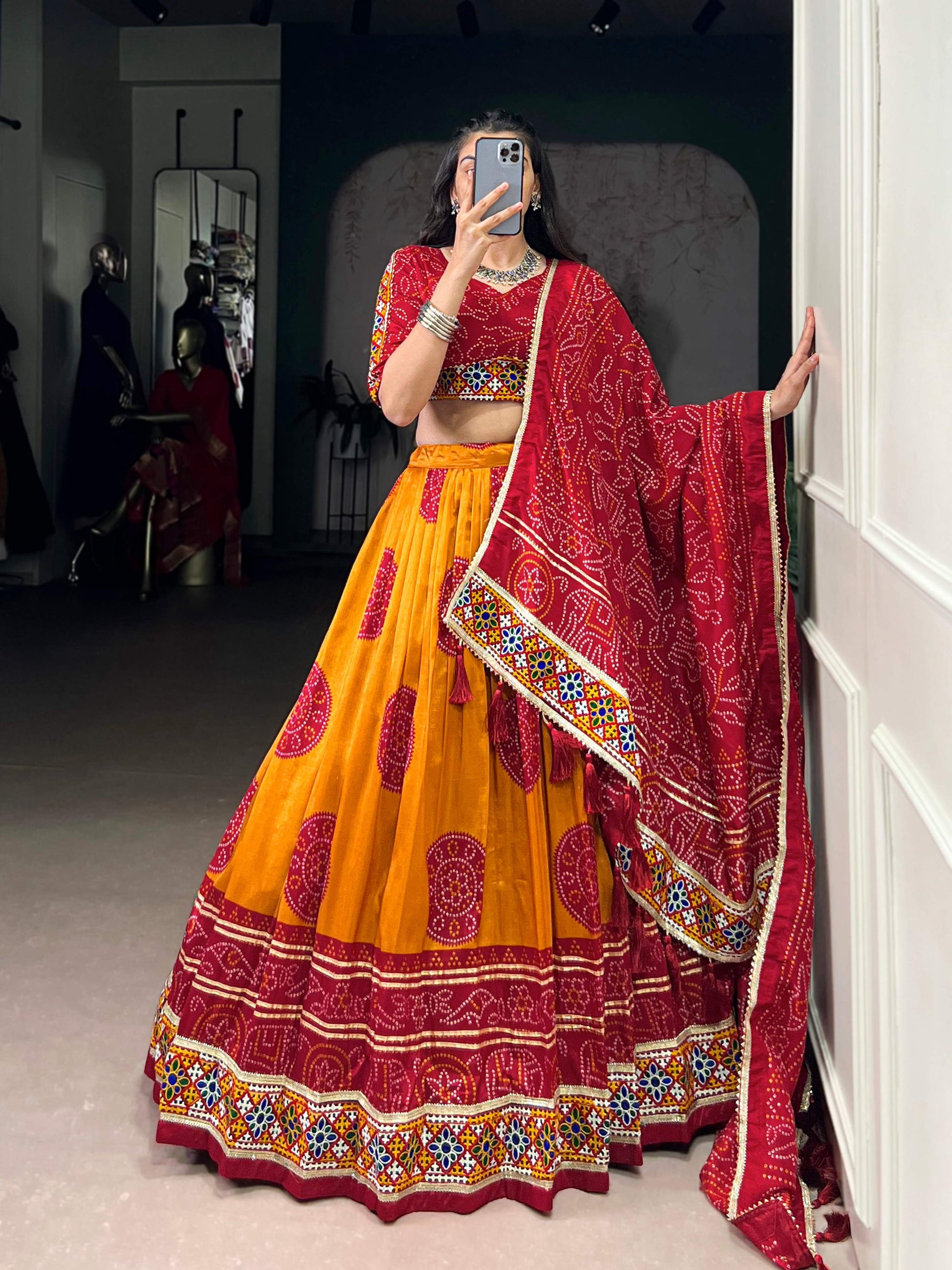 Lorenvalley Fashion Mustard Tasar Silk Bandhej Print and Gamthi Work with Lace Touch Up Lehenga Choli with Dupatta | Swadesiicart