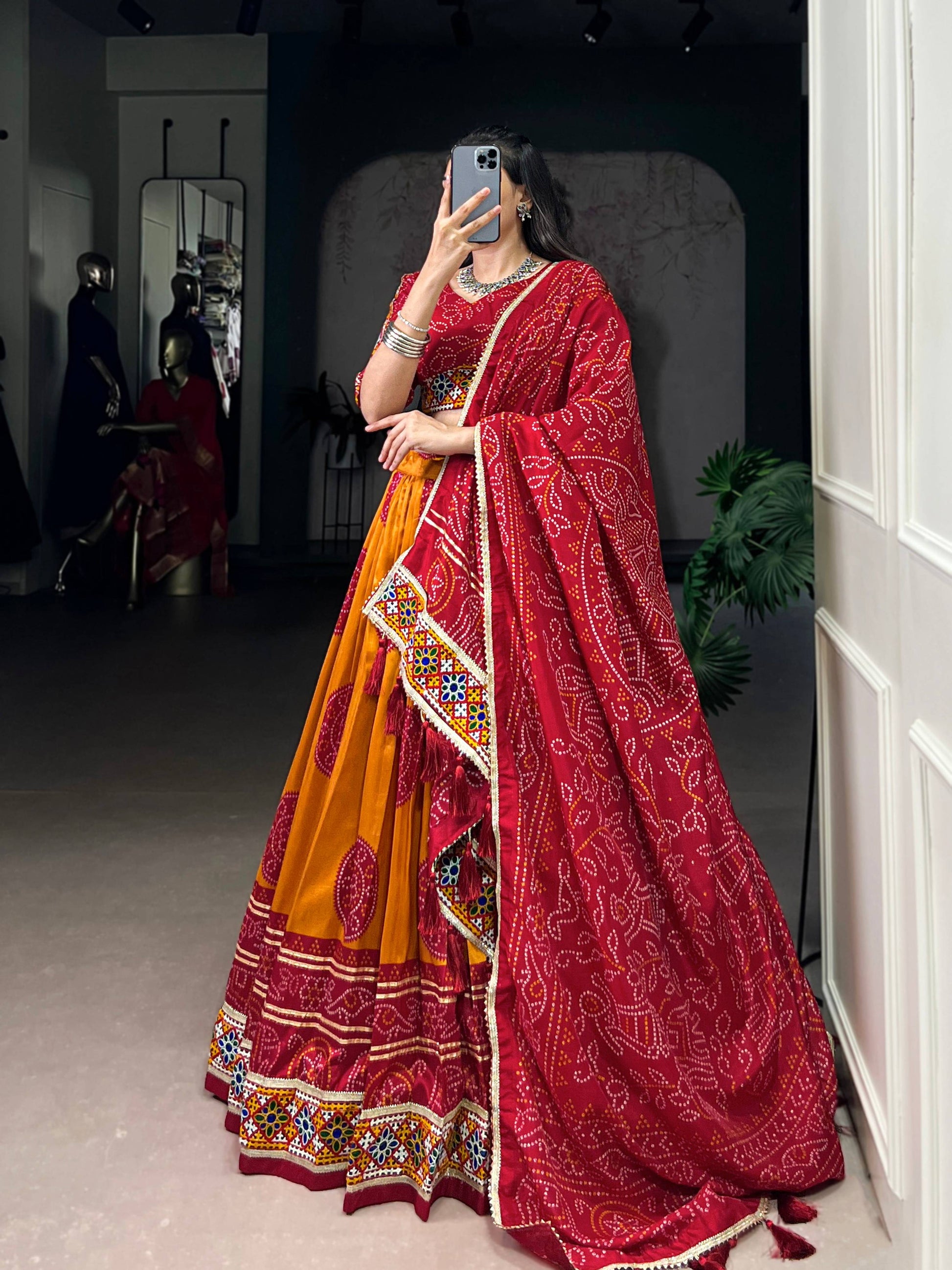 Lorenvalley Fashion Mustard Tasar Silk Bandhej Print and Gamthi Work with Lace Touch Up Lehenga Choli with Dupatta | Swadesiicart