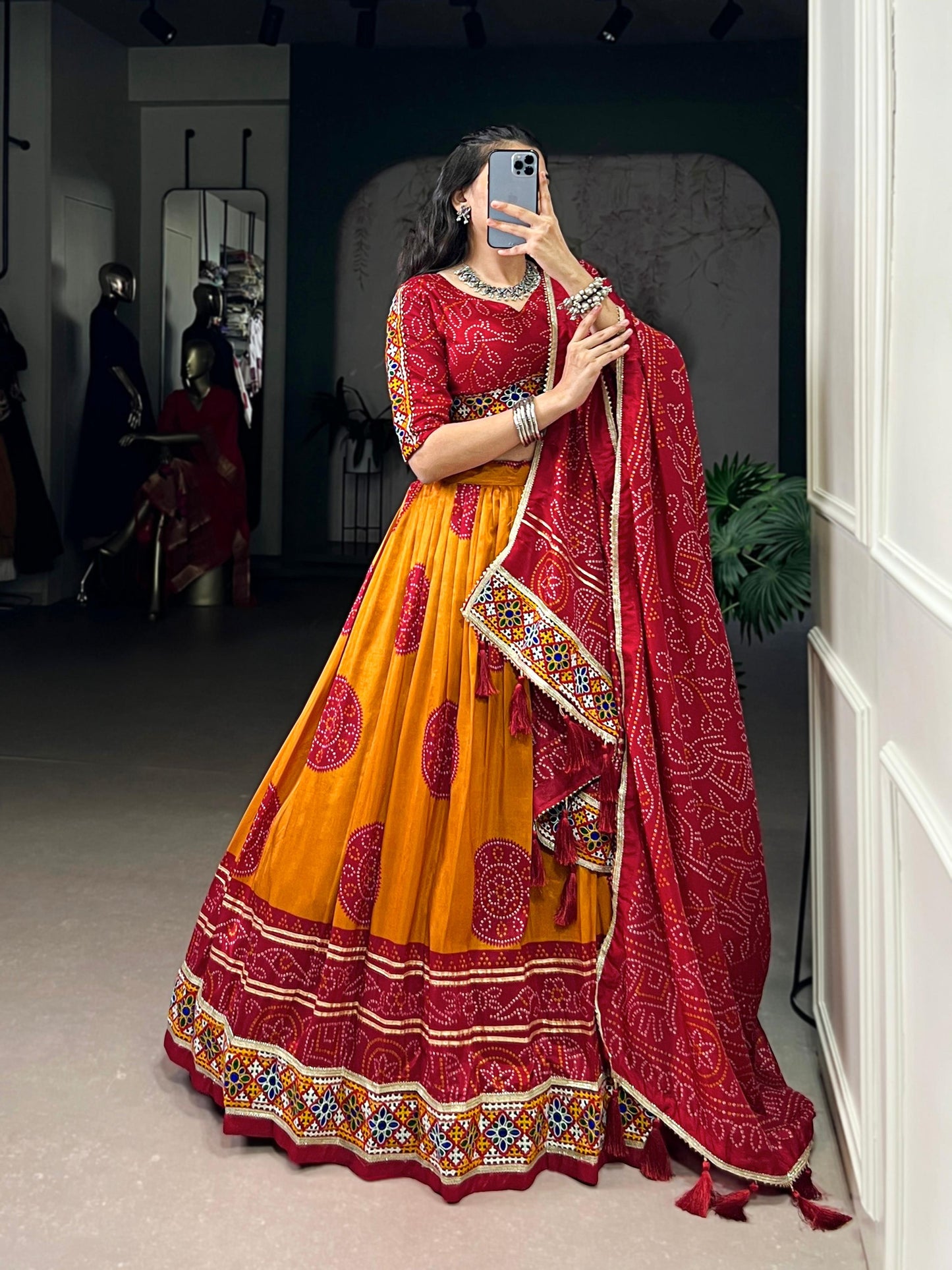 Lorenvalley Fashion Mustard Tasar Silk Bandhej Print and Gamthi Work with Lace Touch Up Lehenga Choli with Dupatta | Swadesiicart