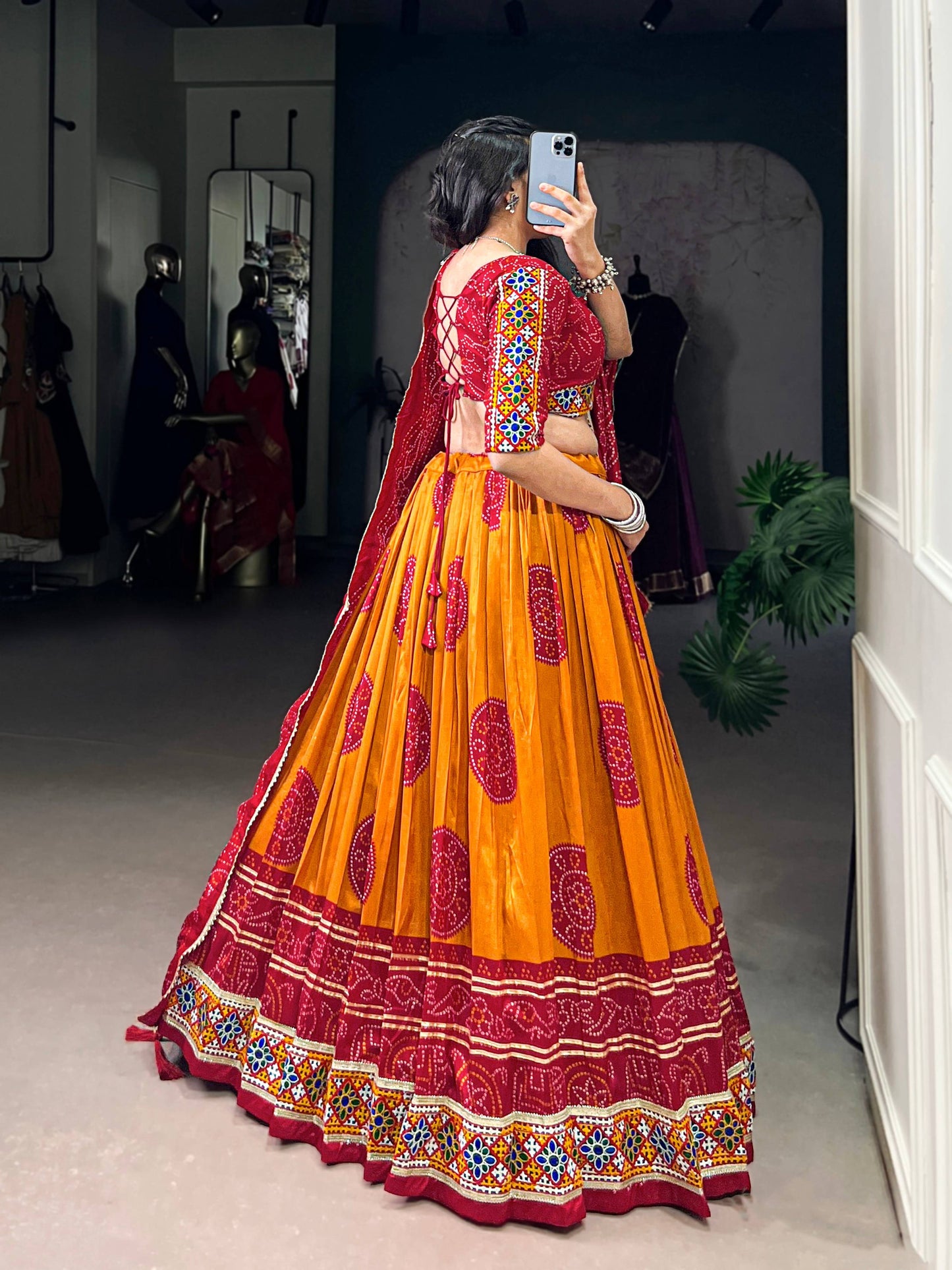 Lorenvalley Fashion Mustard Tasar Silk Bandhej Print and Gamthi Work with Lace Touch Up Lehenga Choli with Dupatta | Swadesiicart
