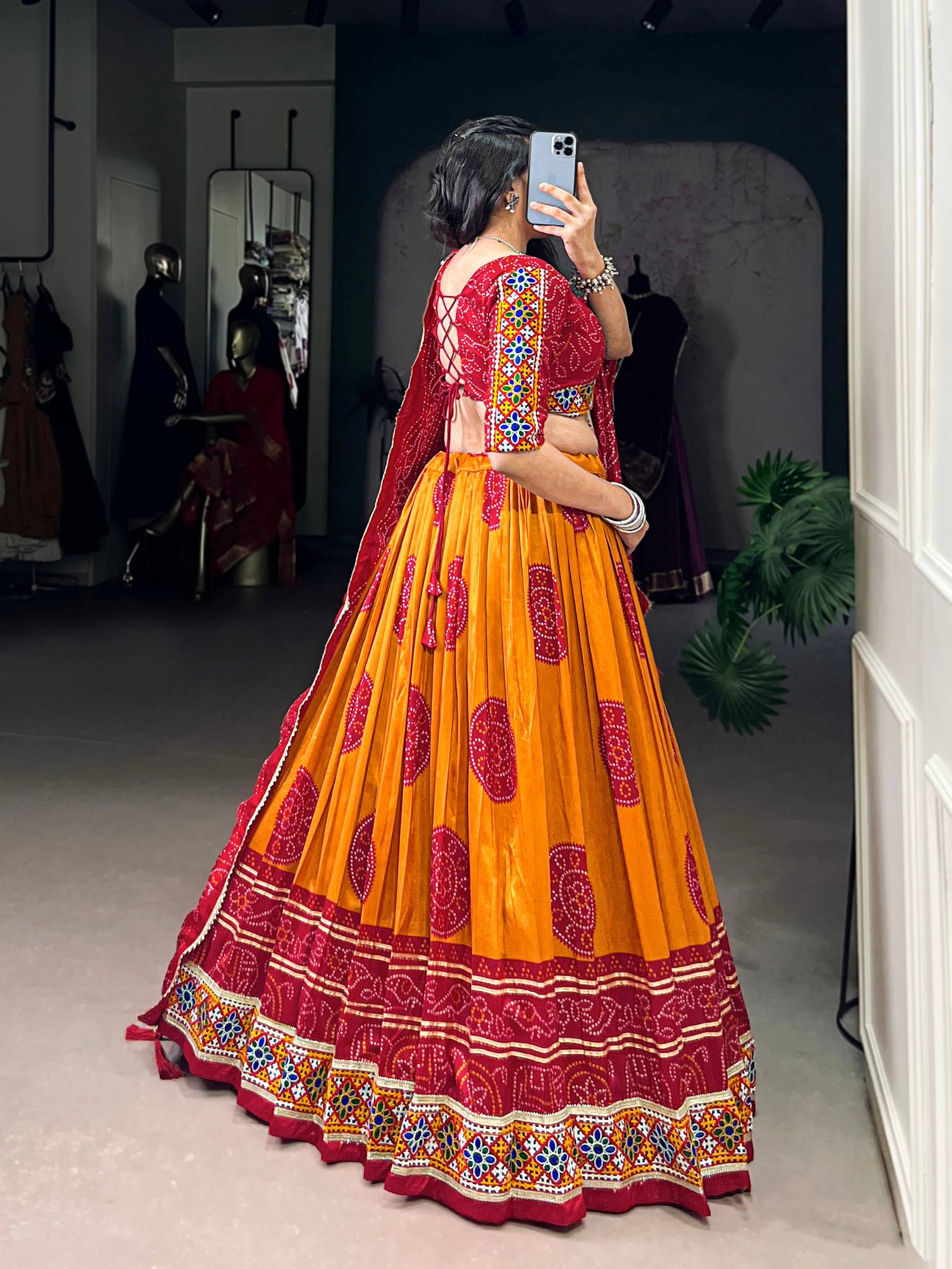 Lorenvalley Fashion Mustard Tasar Silk Bandhej Print and Gamthi Work with Lace Touch Up Lehenga Choli with Dupatta | Swadesiicart