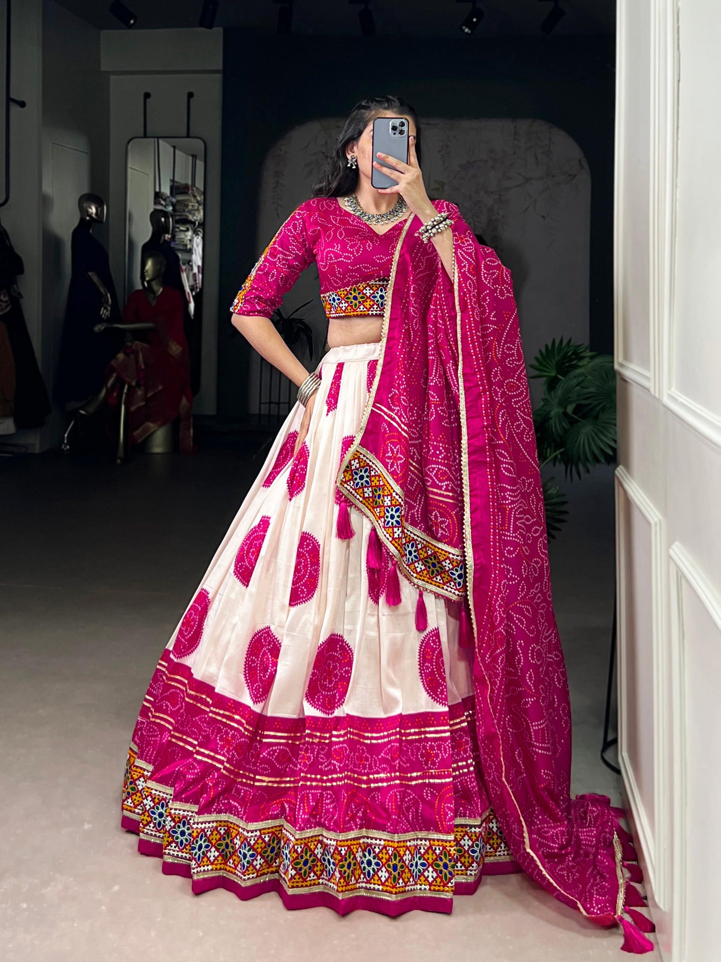 Lorenvalley Fashion Offwhite Tasar Silk Bandhej Print and Gamthi Work with Lace Touch Up Lehenga Choli with Dupatta | Swadesiicart