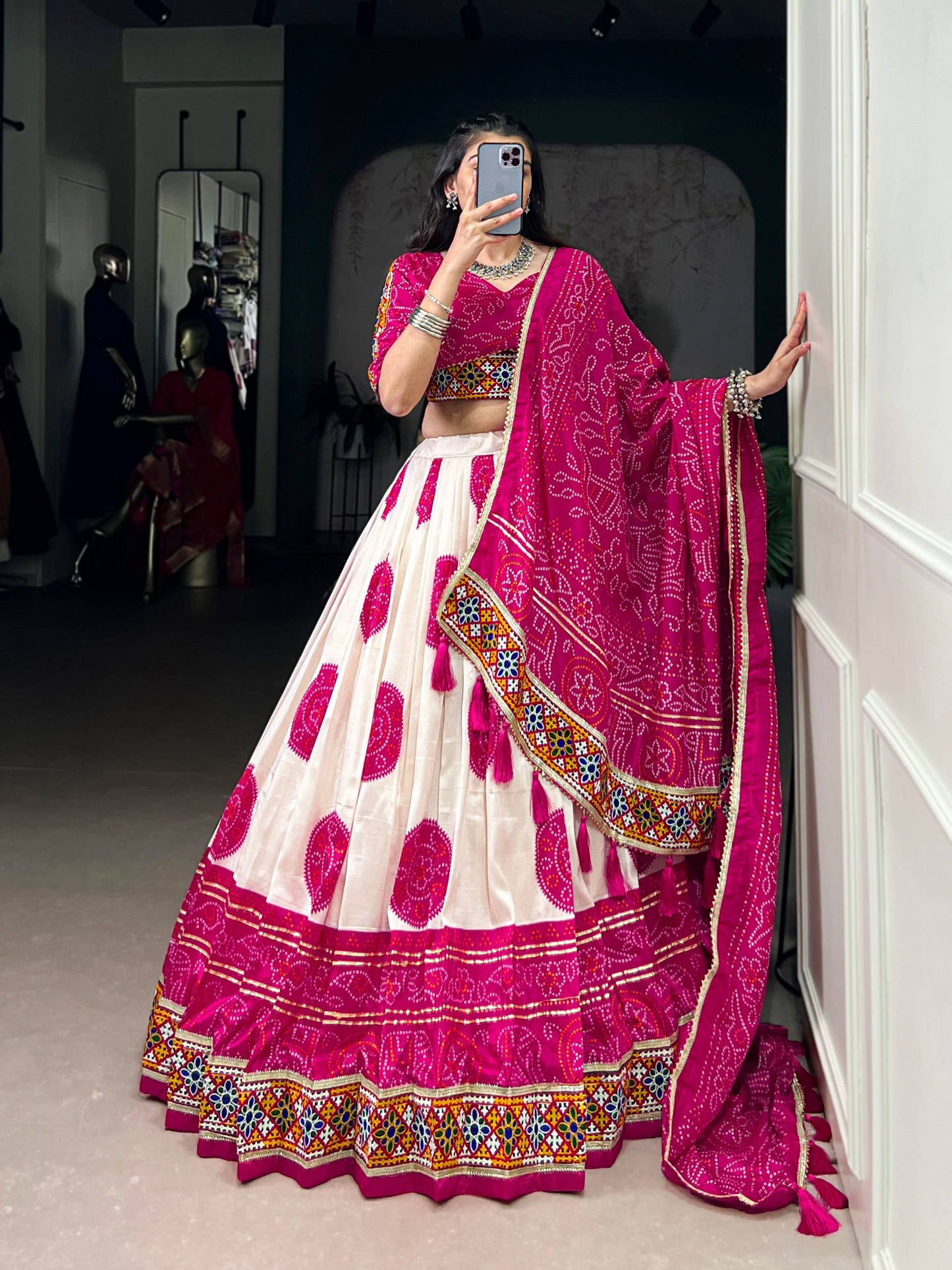 Lorenvalley Fashion Offwhite Tasar Silk Bandhej Print and Gamthi Work with Lace Touch Up Lehenga Choli with Dupatta | Swadesiicart