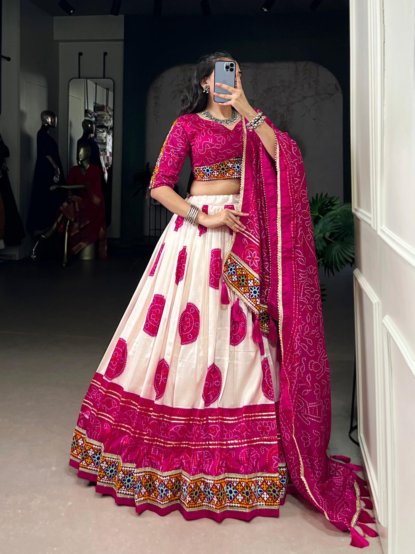 Lorenvalley Fashion Offwhite Tasar Silk Bandhej Print and Gamthi Work with Lace Touch Up Lehenga Choli with Dupatta | Swadesiicart