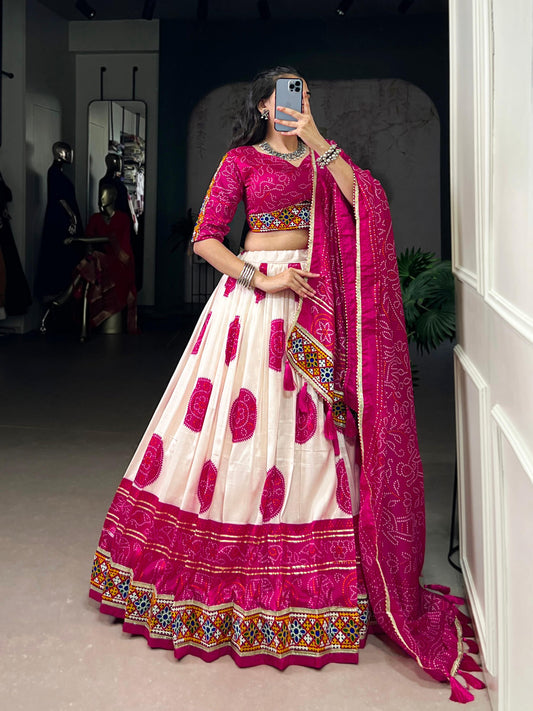 Lorenvalley Fashion Offwhite Tasar Silk Bandhej Print and Gamthi Work with Lace Touch Up Lehenga Choli with Dupatta | Swadesiicart