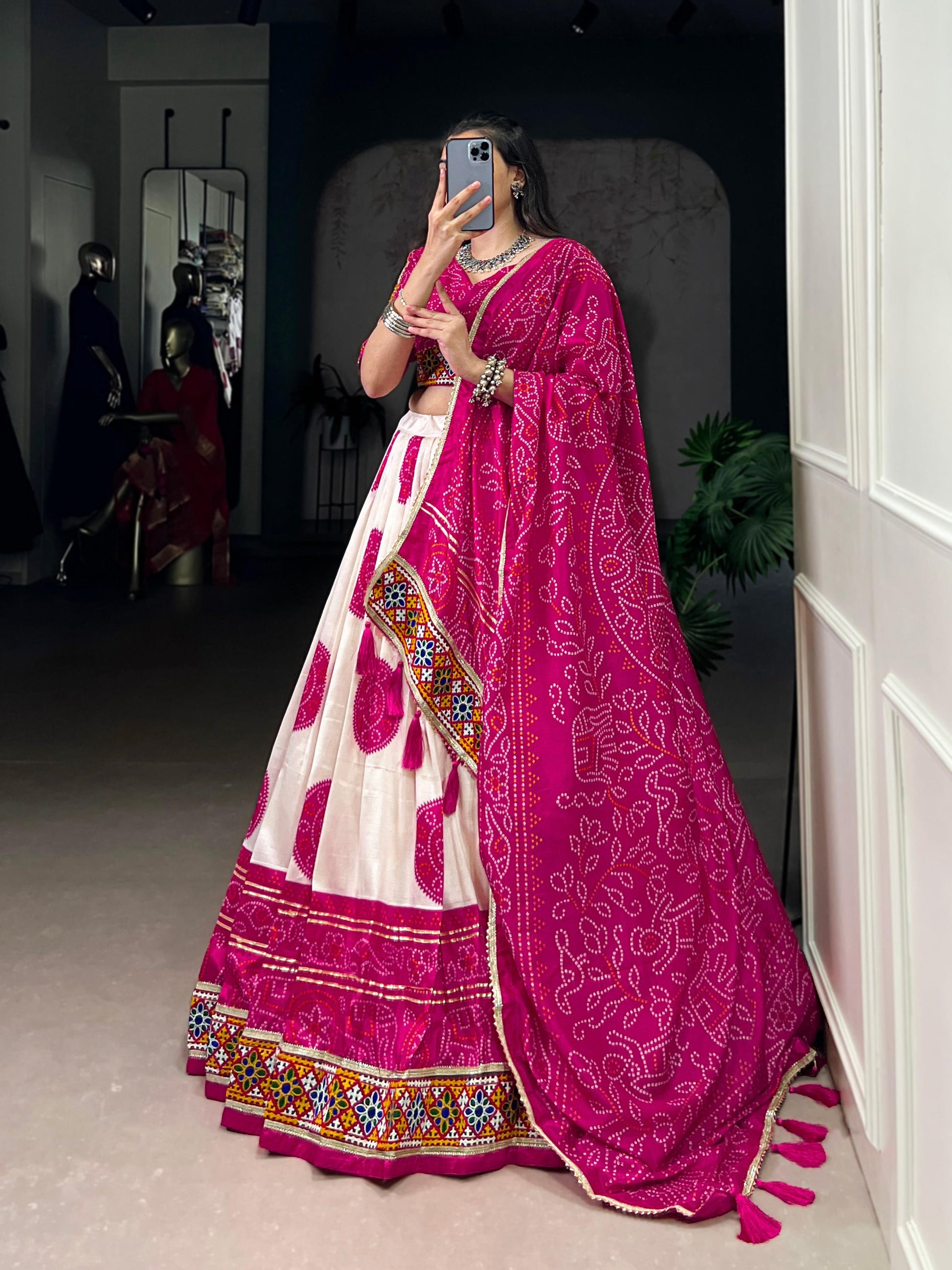 Lorenvalley Fashion Offwhite Tasar Silk Bandhej Print and Gamthi Work with Lace Touch Up Lehenga Choli with Dupatta | Swadesiicart