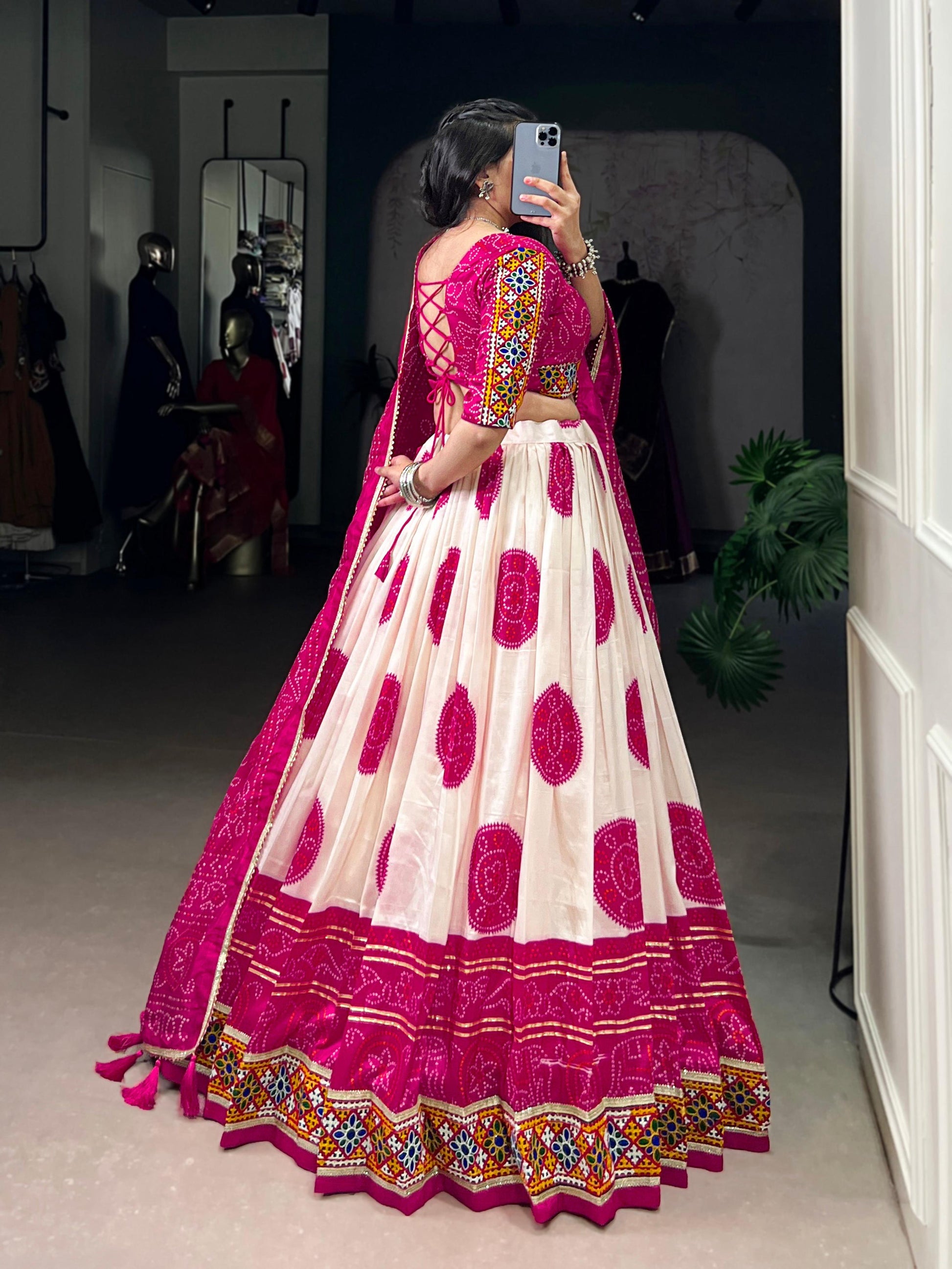 Lorenvalley Fashion Offwhite Tasar Silk Bandhej Print and Gamthi Work with Lace Touch Up Lehenga Choli with Dupatta | Swadesiicart