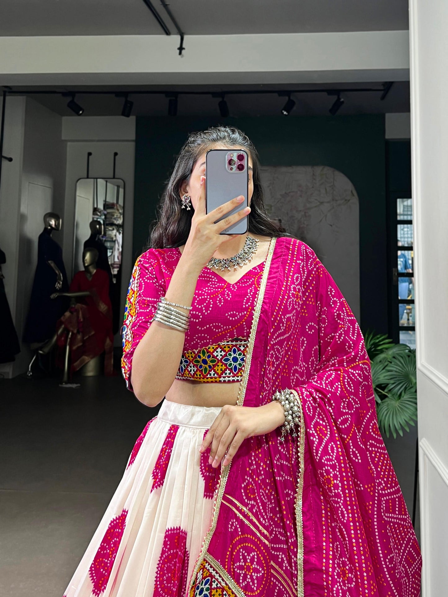 Lorenvalley Fashion Offwhite Tasar Silk Bandhej Print and Gamthi Work with Lace Touch Up Lehenga Choli with Dupatta | Swadesiicart