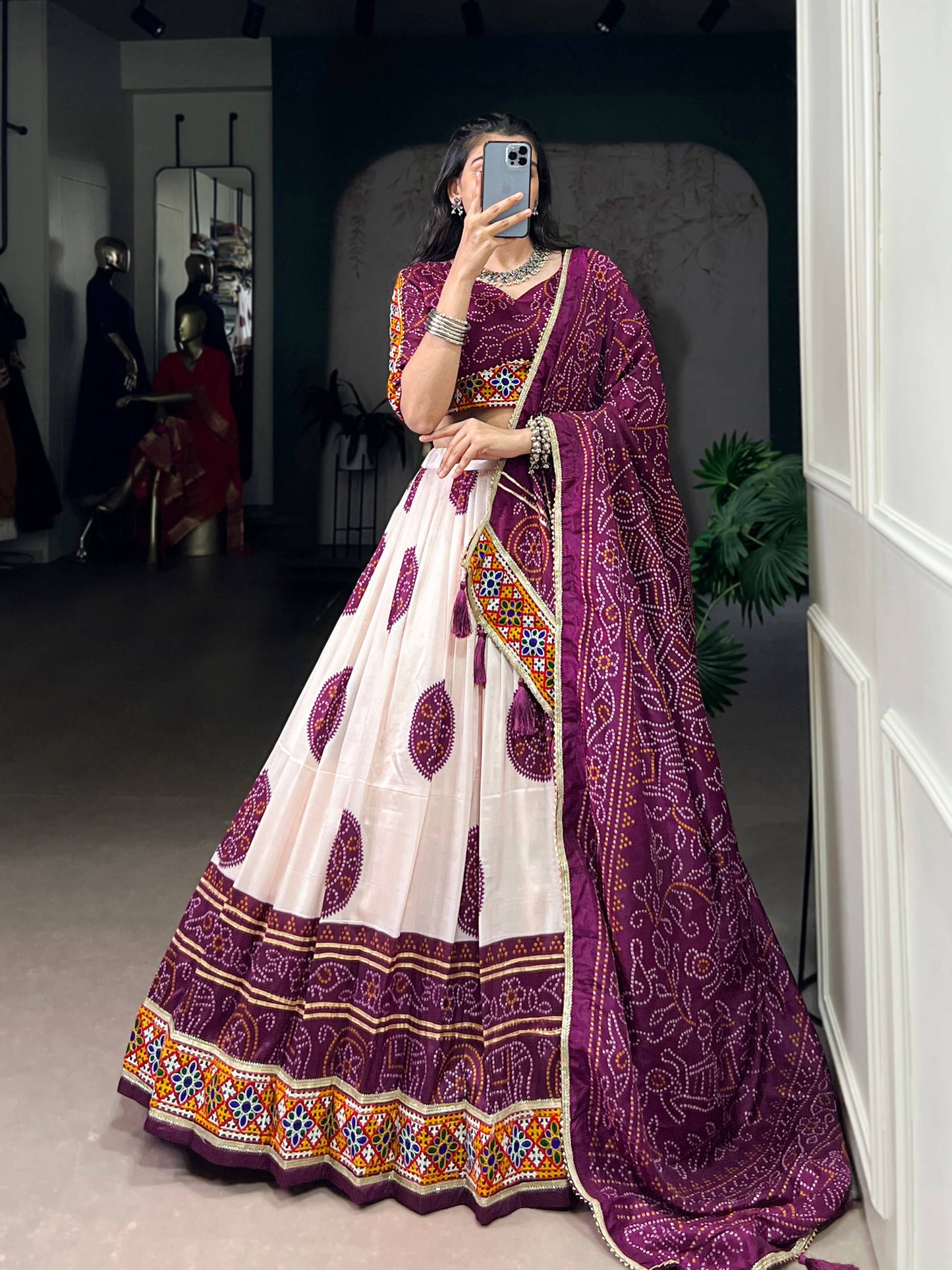 Lorenvalley Fashion Offwhite Tasar Silk Bandhej Print and Gamthi Work with Lace Touch Up Lehenga Choli with Dupatta | Swadesiicart