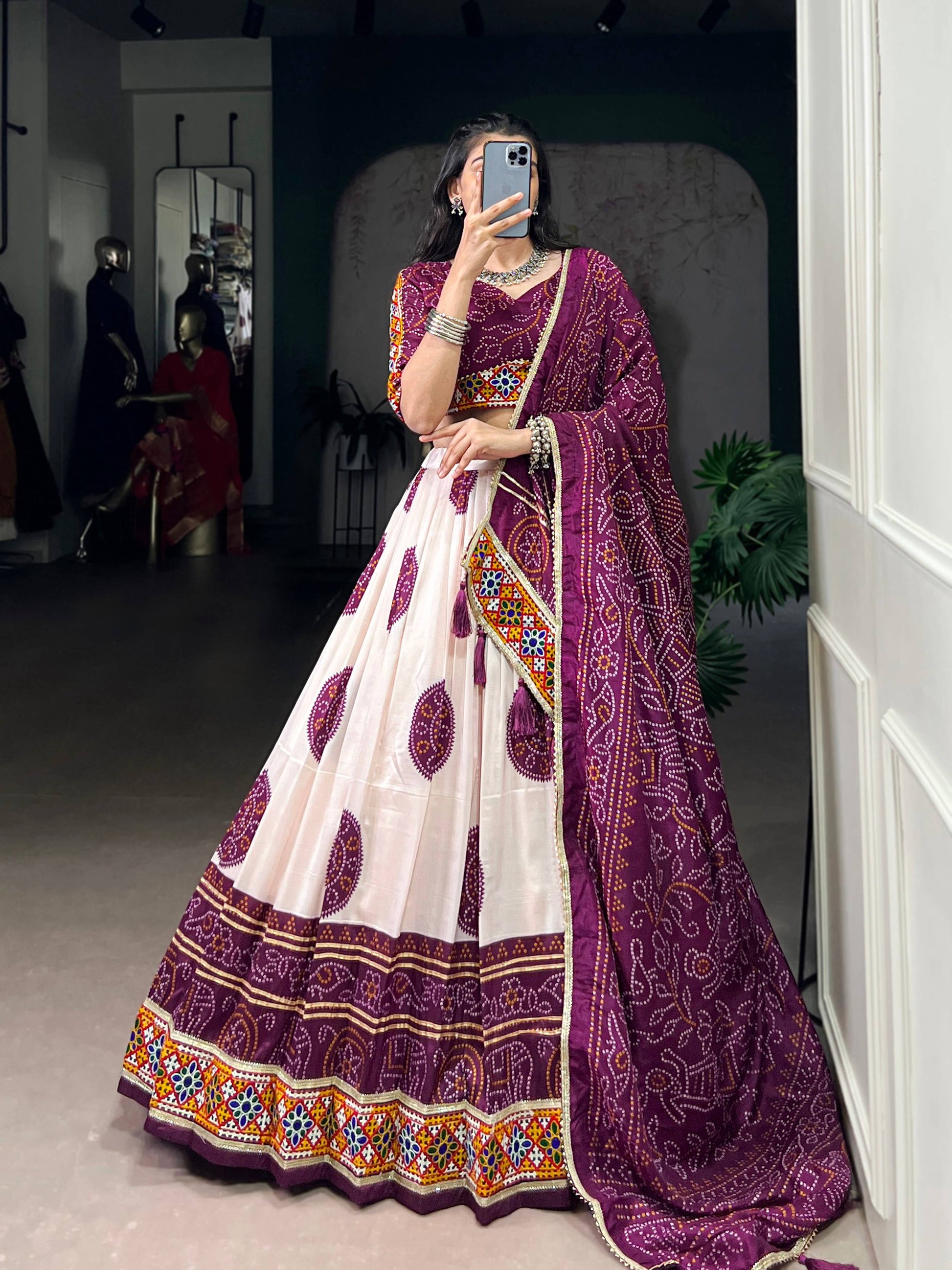 Lorenvalley Fashion Offwhite Tasar Silk Bandhej Print and Gamthi Work with Lace Touch Up Lehenga Choli with Dupatta | Swadesiicart