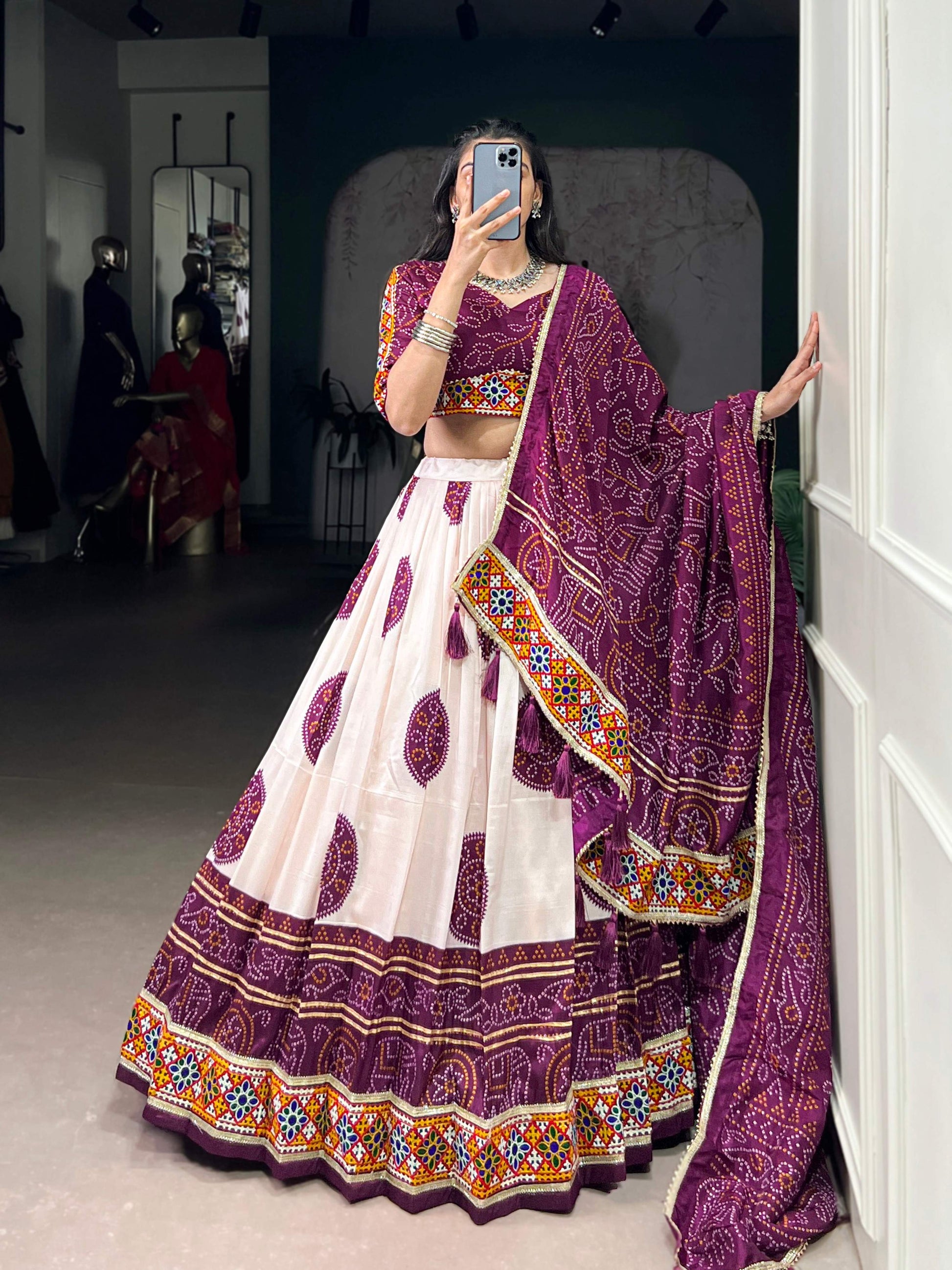 Lorenvalley Fashion Offwhite Tasar Silk Bandhej Print and Gamthi Work with Lace Touch Up Lehenga Choli with Dupatta | Swadesiicart